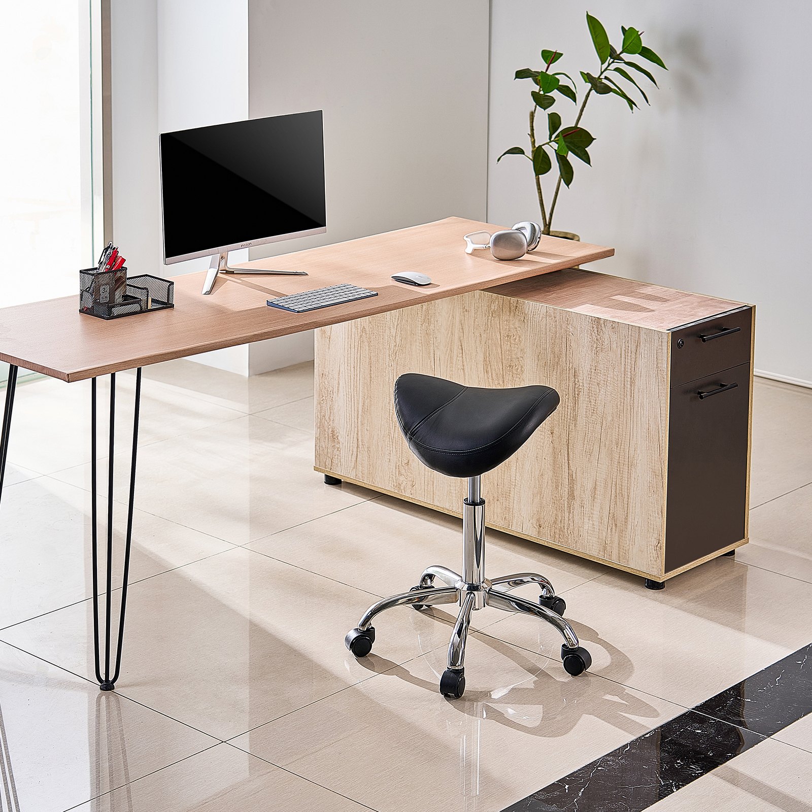 Saddle Rolling Stool, PU Leather Rolling Stool with Wheels, 360° Swivel Drafting Stool with Thickened Cushion, Height Adjustable Rolling Work SPA Stool, for Office, Home, Salon & Bar, Black - Image 8