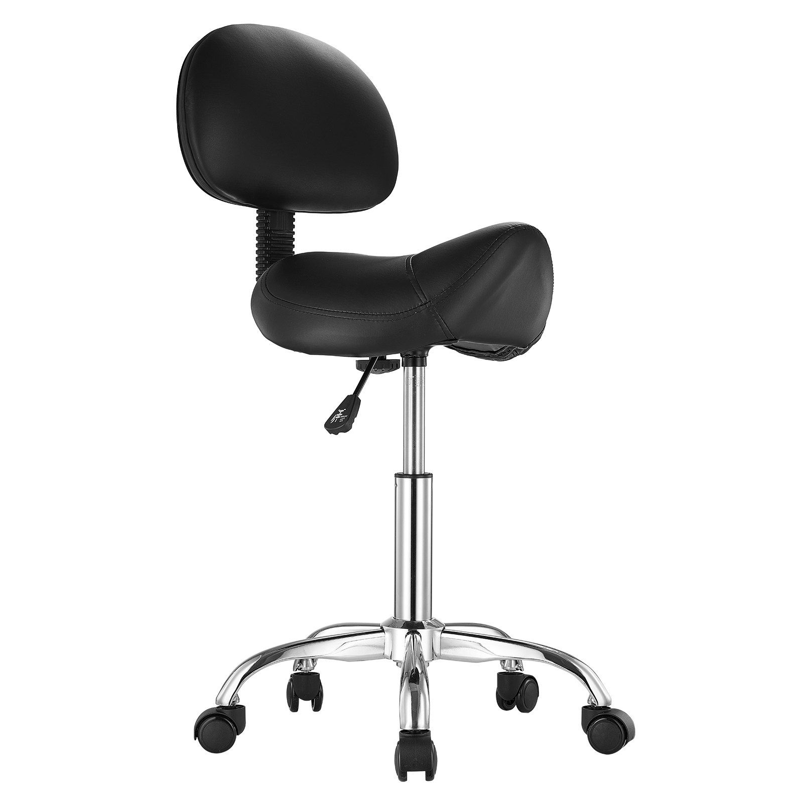 Saddle Rolling Stool, PU Leather Rolling Stool with Backrest, 360° Swivel Drafting Stool with Thickened Cushion, Height Adjustable Rolling Work SPA Stool, for Office, Home, Salon & Bar, Black - Image 1
