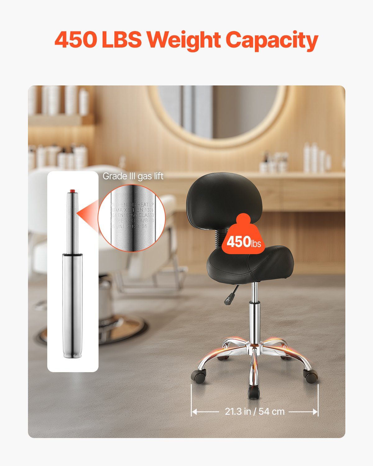 Saddle Rolling Stool, PU Leather Rolling Stool with Backrest, 360° Swivel Drafting Stool with Thickened Cushion, Height Adjustable Rolling Work SPA Stool, for Office, Home, Salon & Bar, Black - Image 3