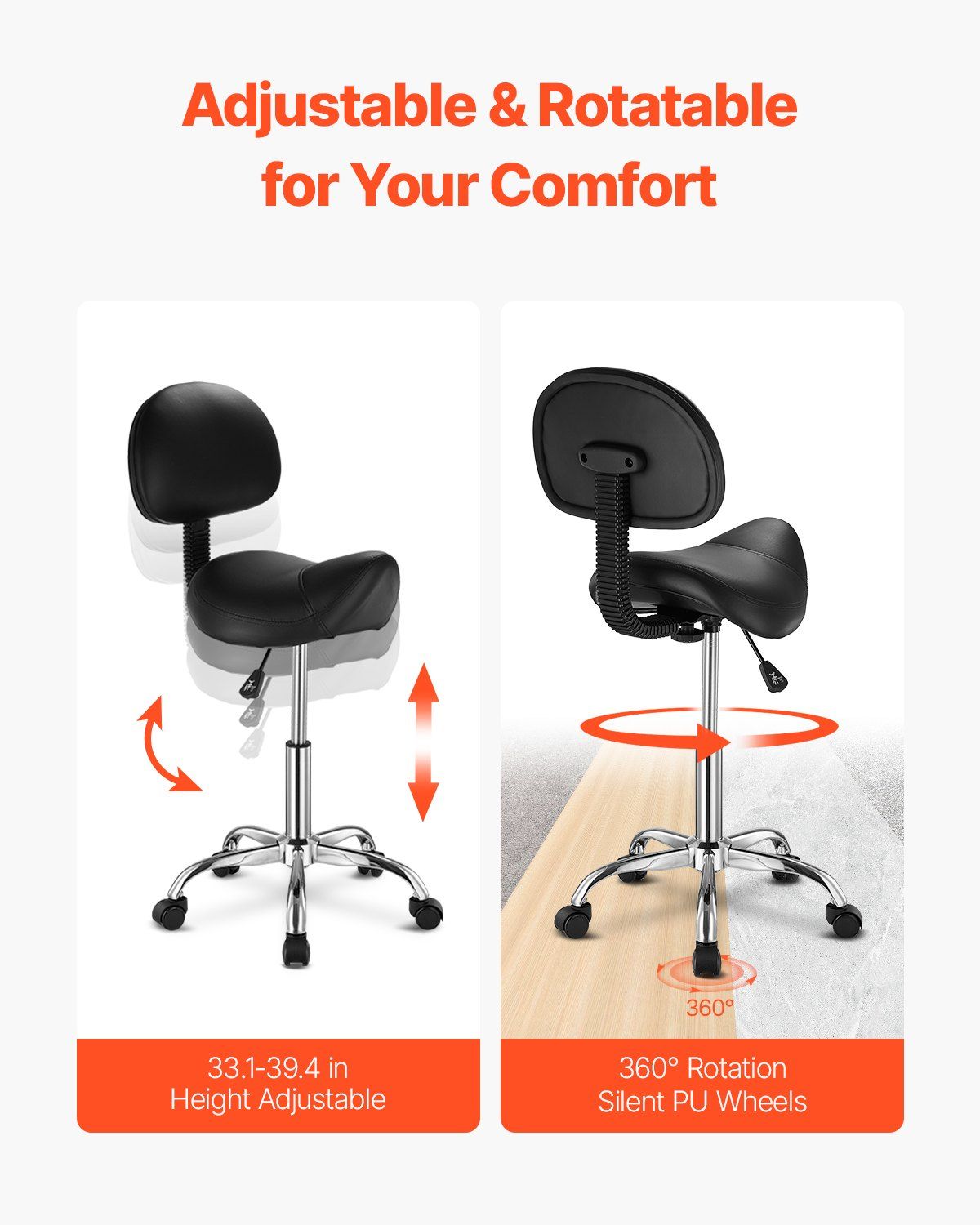 Saddle Rolling Stool, PU Leather Rolling Stool with Backrest, 360° Swivel Drafting Stool with Thickened Cushion, Height Adjustable Rolling Work SPA Stool, for Office, Home, Salon & Bar, Black - Image 4