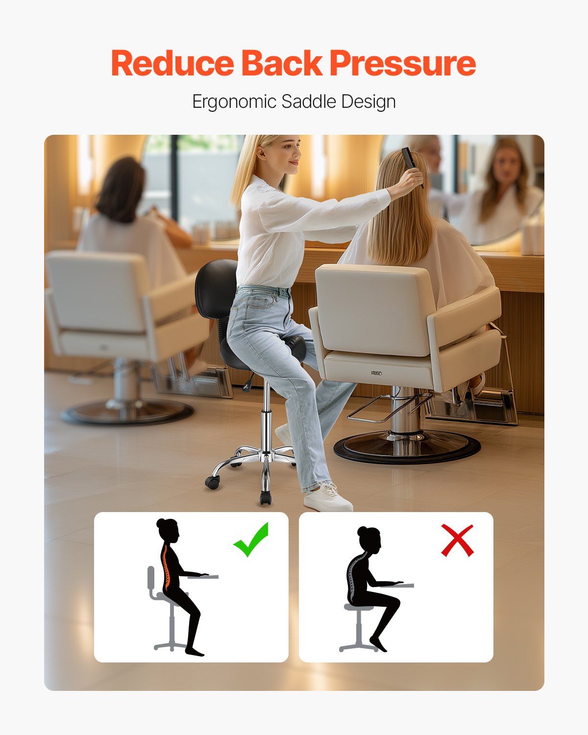 Saddle Rolling Stool, PU Leather Rolling Stool with Backrest, 360° Swivel Drafting Stool with Thickened Cushion, Height Adjustable Rolling Work SPA Stool, for Office, Home, Salon & Bar, Black - Image 5