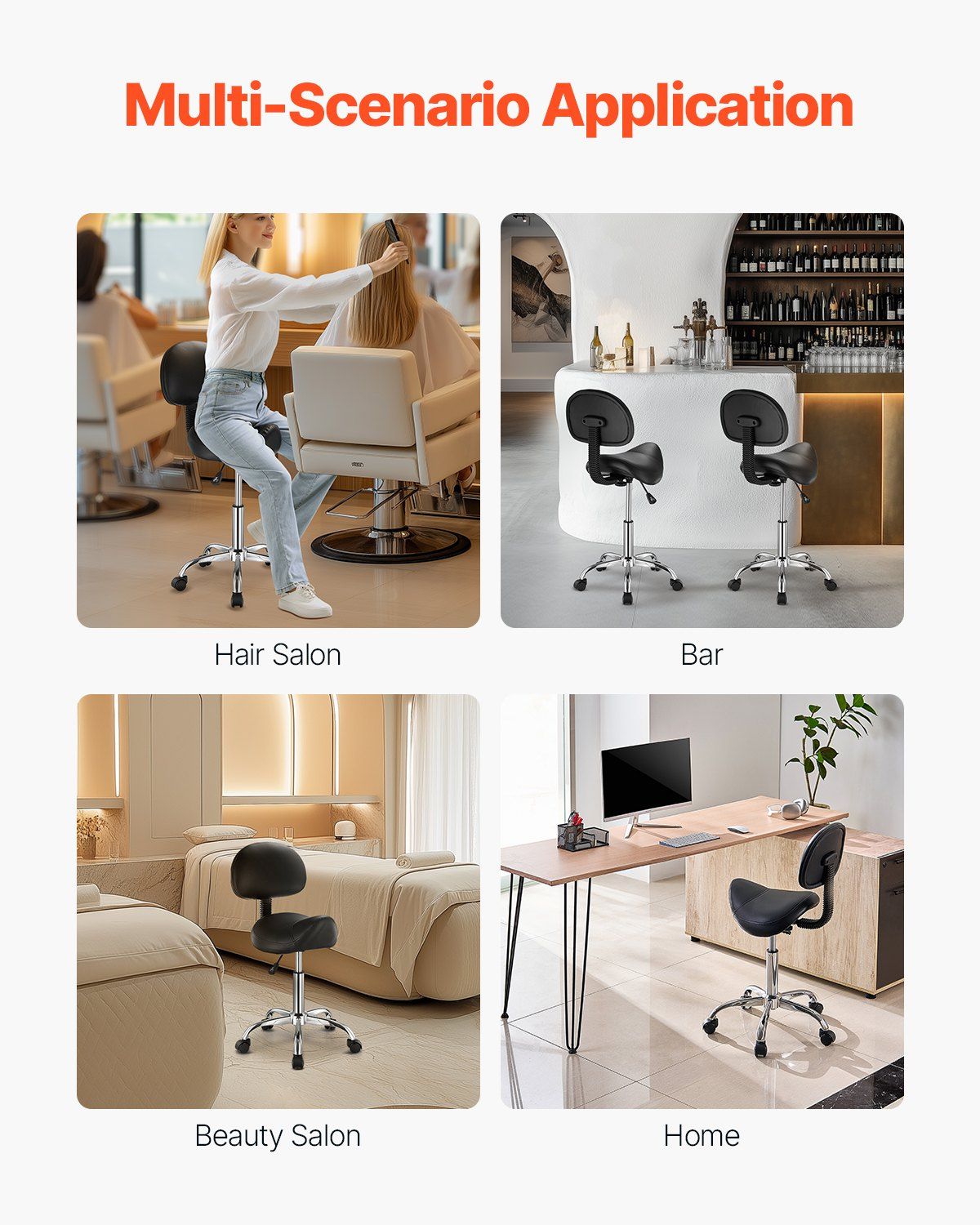 Saddle Rolling Stool, PU Leather Rolling Stool with Backrest, 360° Swivel Drafting Stool with Thickened Cushion, Height Adjustable Rolling Work SPA Stool, for Office, Home, Salon & Bar, Black - Image 6