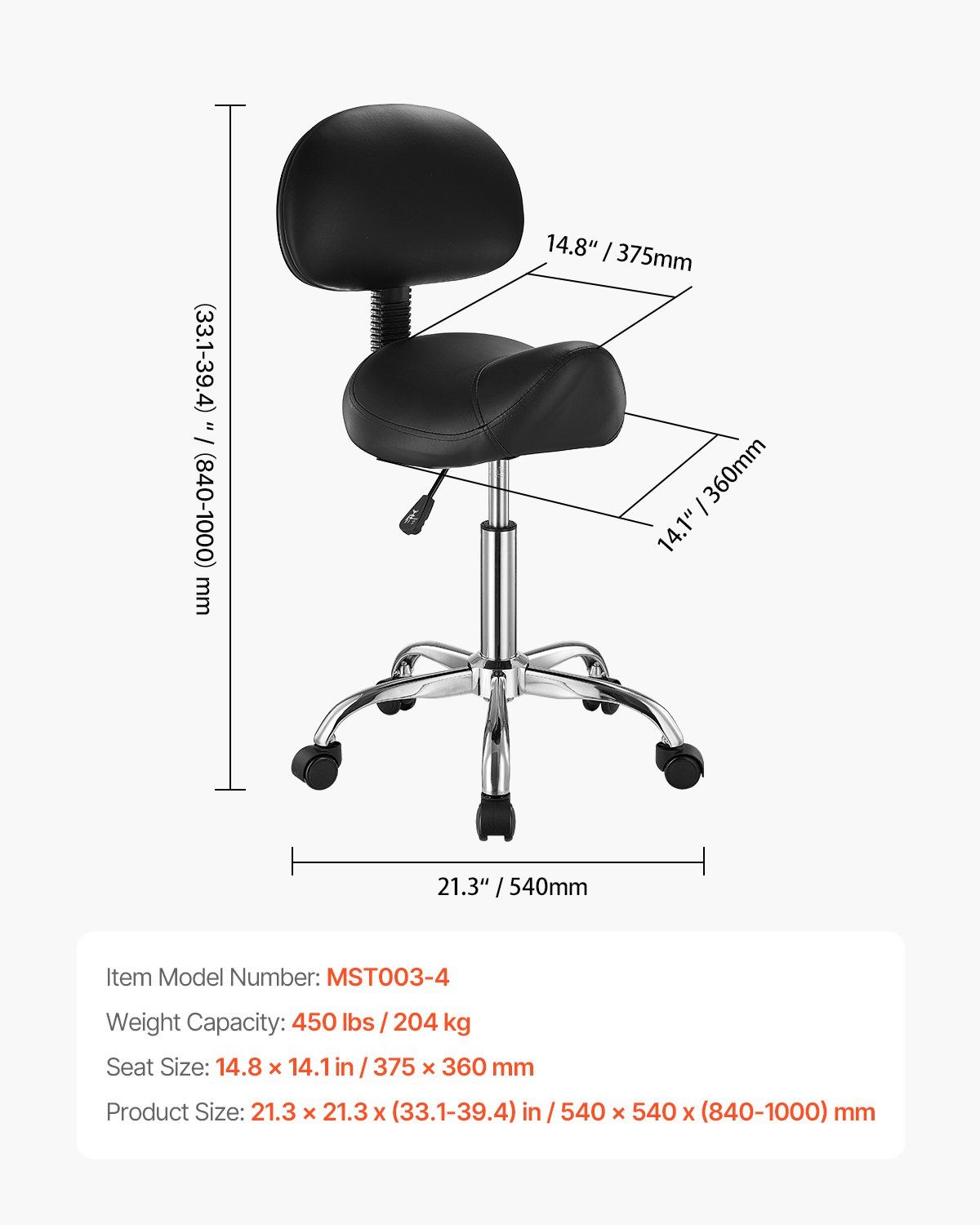 Saddle Rolling Stool, PU Leather Rolling Stool with Backrest, 360° Swivel Drafting Stool with Thickened Cushion, Height Adjustable Rolling Work SPA Stool, for Office, Home, Salon & Bar, Black - Image 7