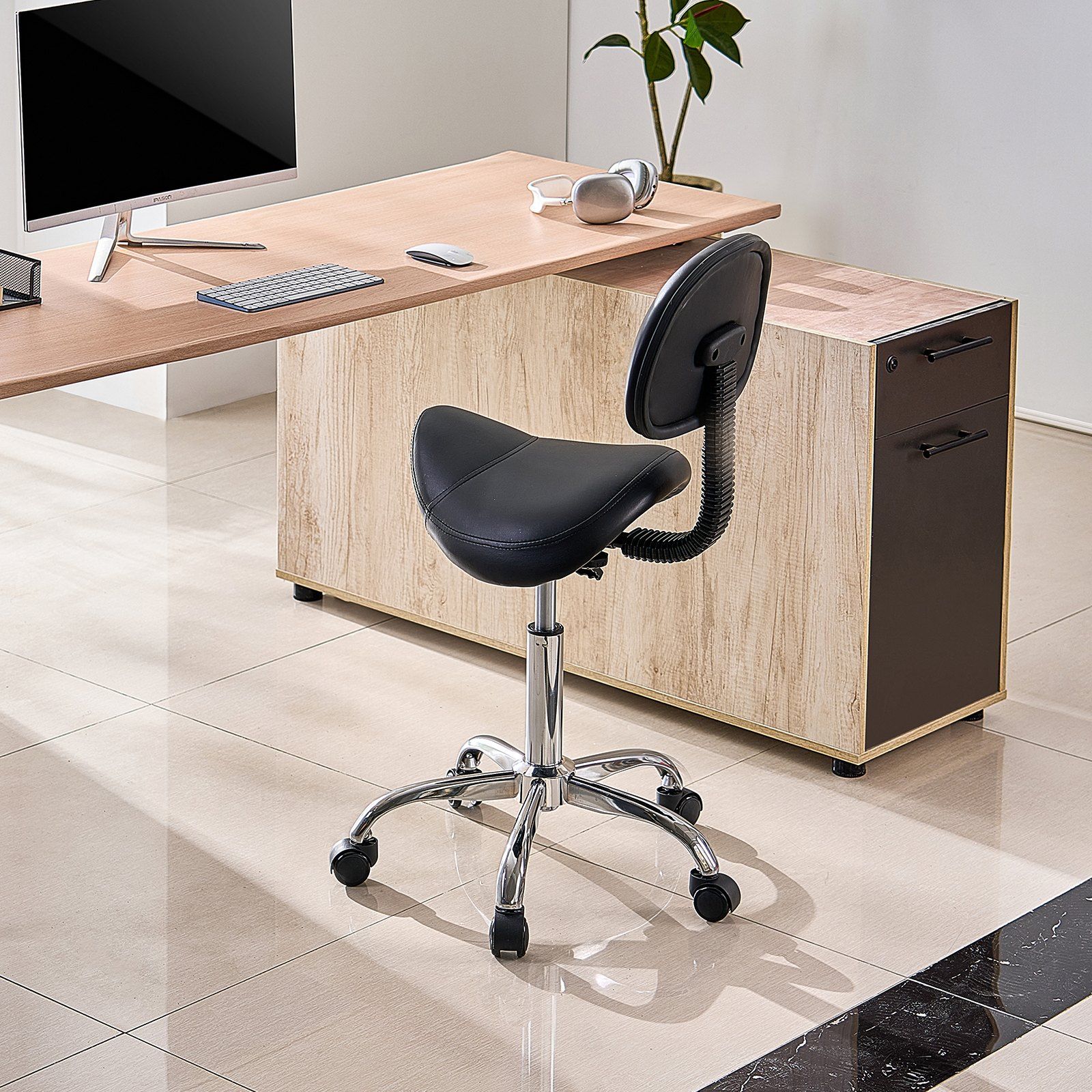 Saddle Rolling Stool, PU Leather Rolling Stool with Backrest, 360° Swivel Drafting Stool with Thickened Cushion, Height Adjustable Rolling Work SPA Stool, for Office, Home, Salon & Bar, Black - Image 8