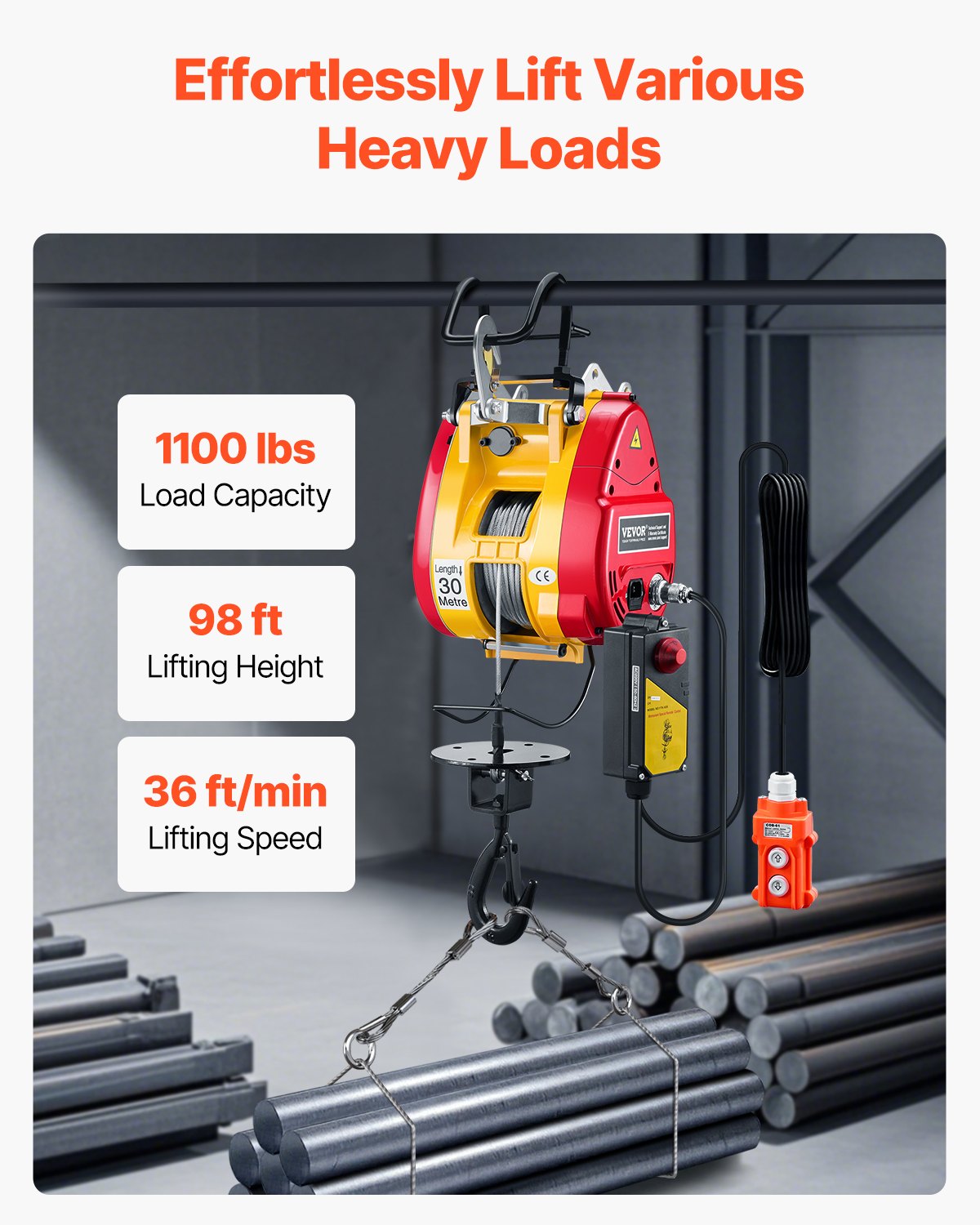 2-in-1 Electric Hoist Winch, 500 KG Capacity, 1800W Portable Power Winch, 30 m Lifting Height, 11 m/min with Wire and Wireless Remote Control, for Garage, Warehouse, Factory Lifting Towing - Image 2