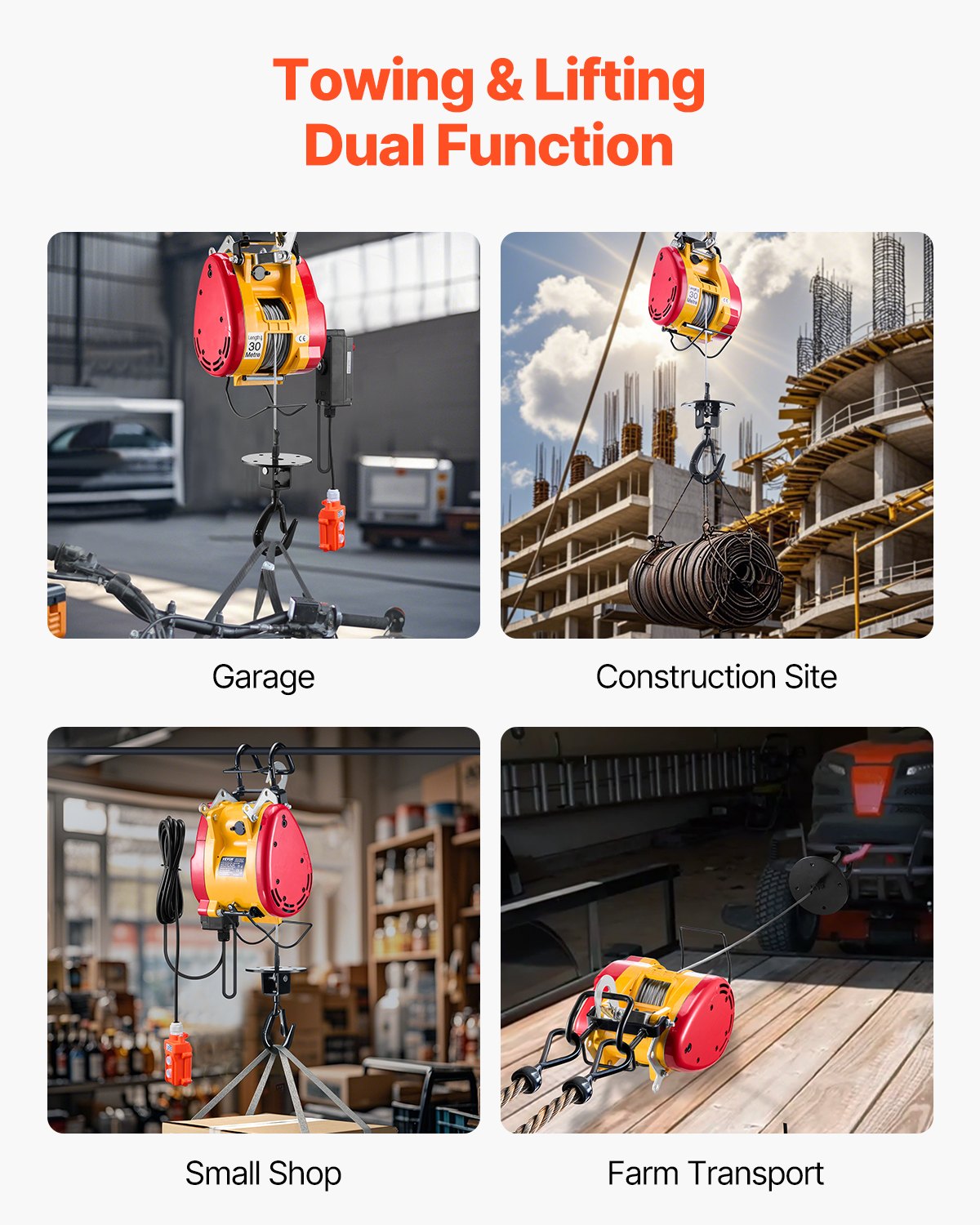 2-in-1 Electric Hoist Winch, 500 KG Capacity, 1800W Portable Power Winch, 30 m Lifting Height, 11 m/min with Wire and Wireless Remote Control, for Garage, Warehouse, Factory Lifting Towing - Image 5