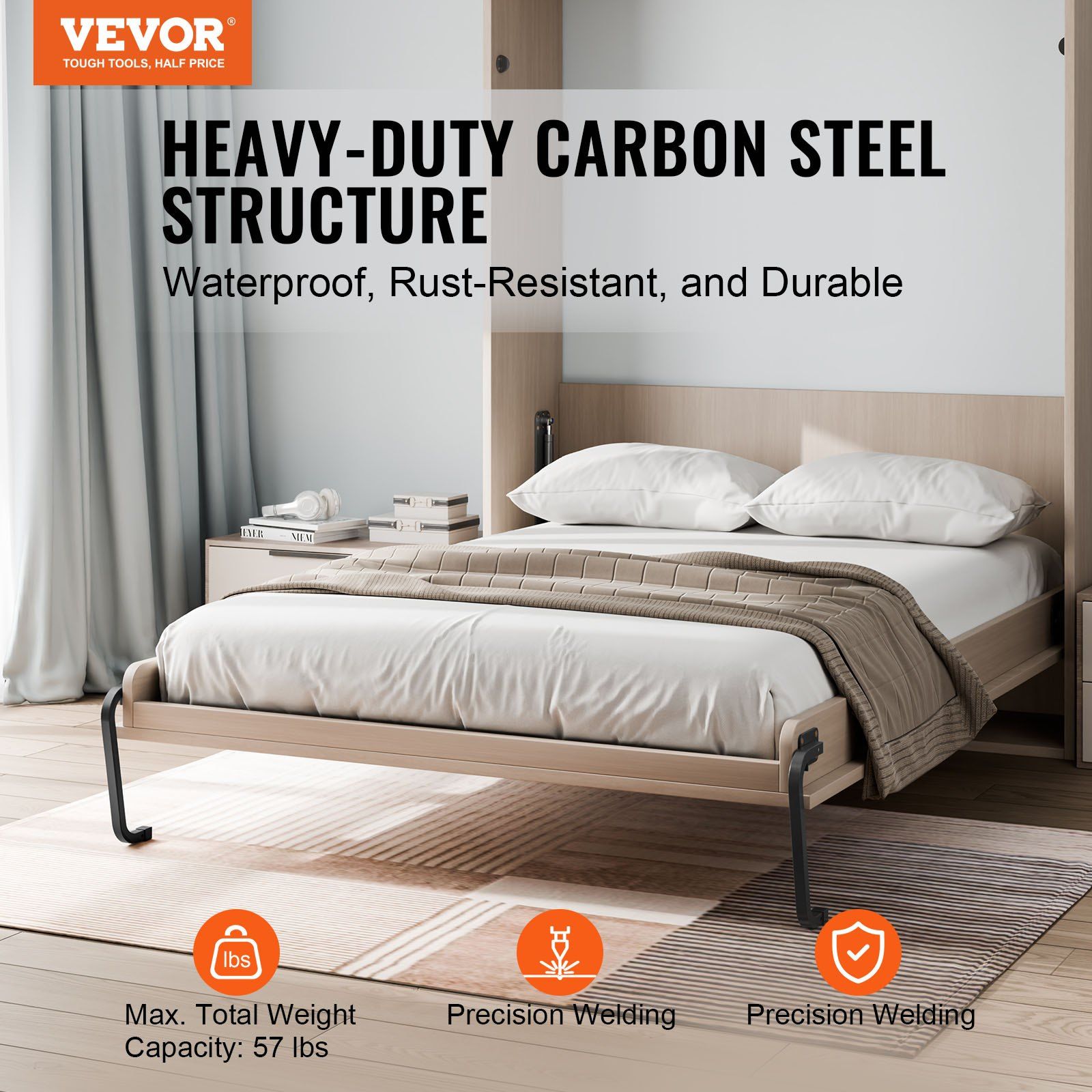 Murphy Bed Kit, Full Size, Vertical Deluxe DIY Wall Bed Mechanical Hardware Kit, Pneumatic Lever Heavy Duty Bed Frame Support, Folding Cabinet Wall Bed Space Saving Design for Guestroom - Image 2
