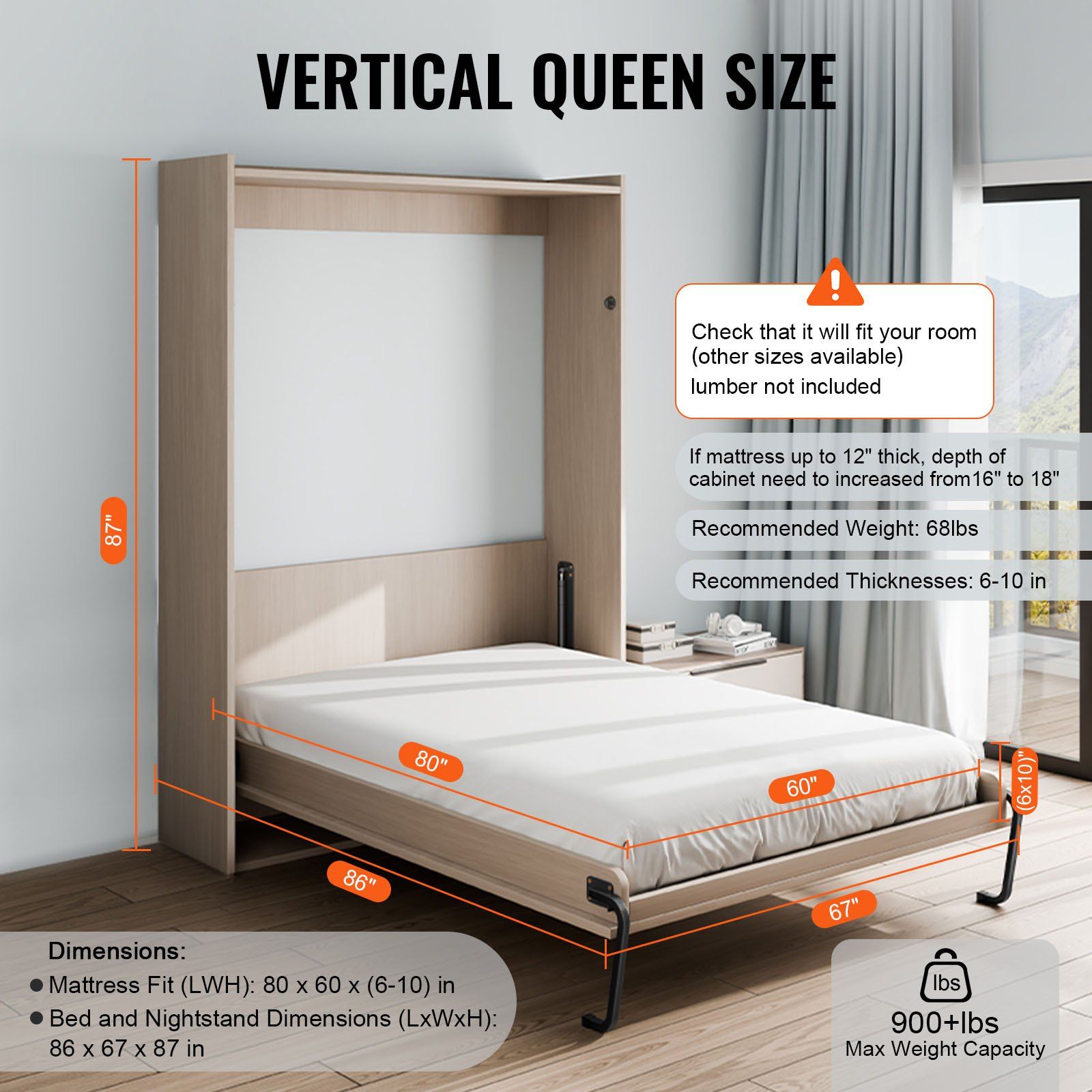 Murphy Bed Kit, Queen Size, Vertical Deluxe DIY Wall Bed Mechanical Hardware Kit, Pneumatic Lever Heavy Duty Bed Frame Support, Folding Cabinet Wall Bed Space Saving Design for Guestroom - Image 3