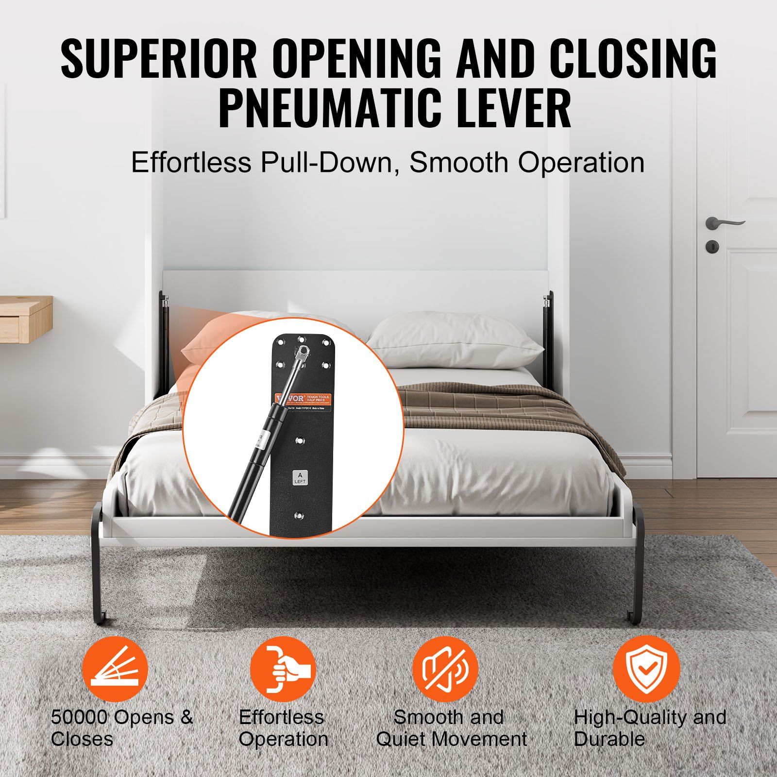 Murphy Bed Kit, Queen Size, Vertical Deluxe DIY Wall Bed Mechanical Hardware Kit, Pneumatic Lever Heavy Duty Bed Frame Support, Folding Cabinet Wall Bed Space Saving Design for Guestroom - Image 5