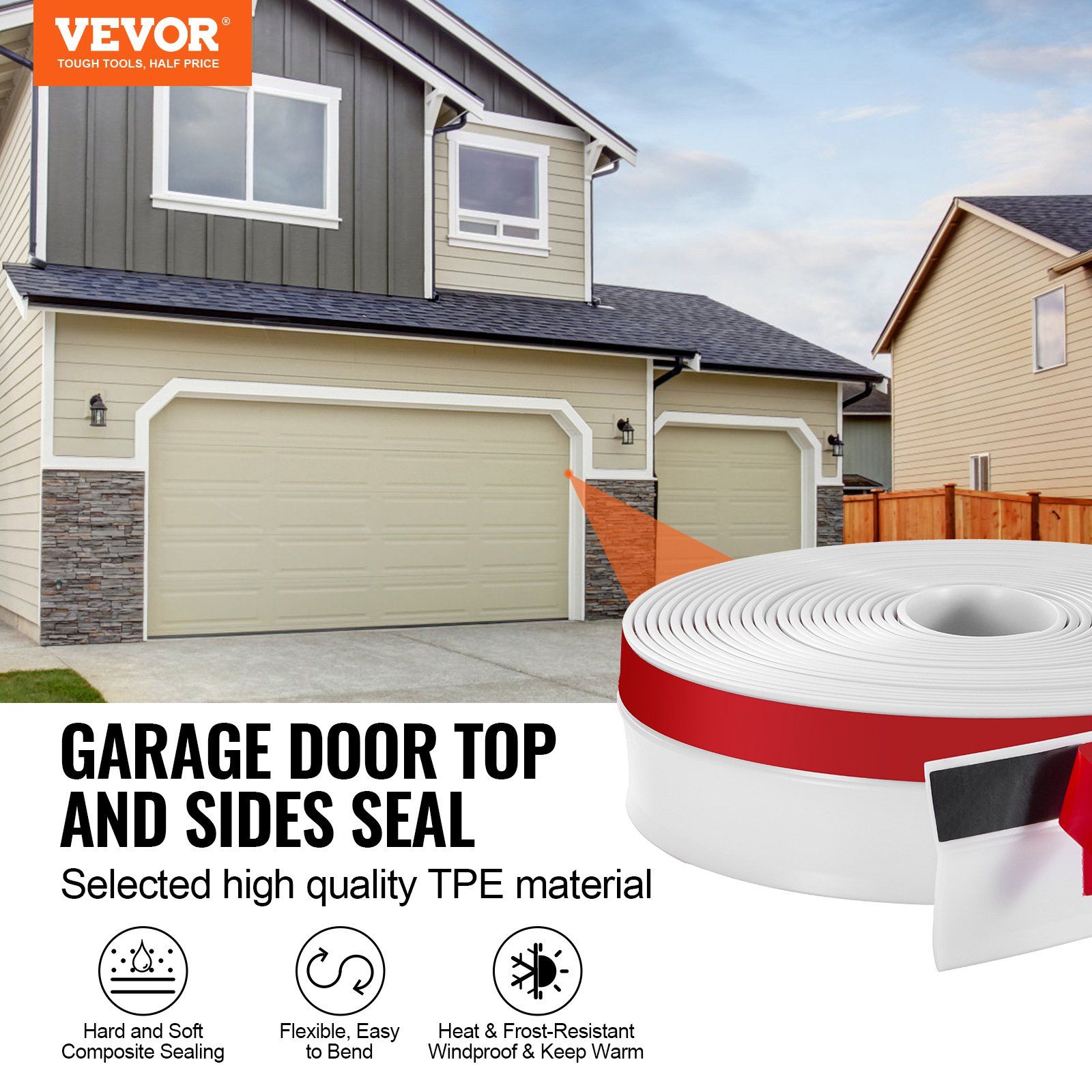 Garage Door Seal Top and Sides Seal Strip, 34 FT Universal Weather Stripping Replacement Soft and Hard Composite, Weatherproofing Garage Door TPE Seals with Adhesive Backed and Screws, White - Image 2