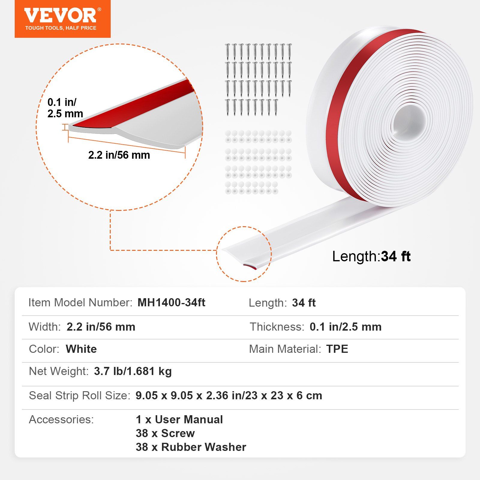 Garage Door Seal Top and Sides Seal Strip, 34 FT Universal Weather Stripping Replacement Soft and Hard Composite, Weatherproofing Garage Door TPE Seals with Adhesive Backed and Screws, White - Image 7