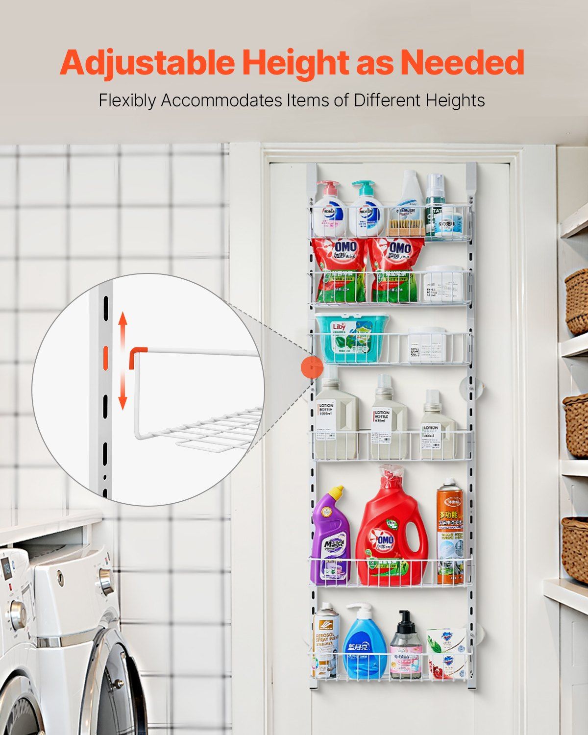 Over the Door Pantry Organizer, 6-Tier Pantry Organization and Storage, Heavy-Duty Steel Hanging Spice Rack, Adjustable Wall Seasoning Shelves, for Home Kitchen Laundry Room Bathroom, White - Image 3