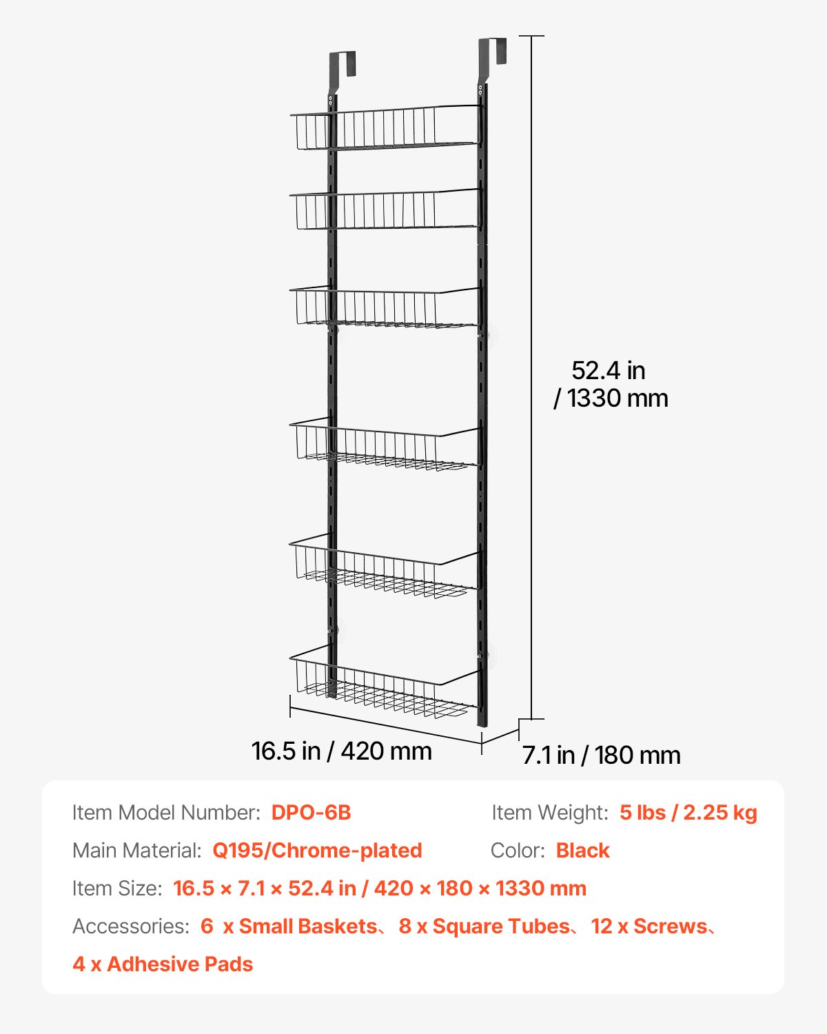 Over the Door Pantry Organizer, 6-Tier Pantry Organization and Storage, Heavy-Duty Steel Hanging Spice Rack, Adjustable Wall Seasoning Shelves, for Home Kitchen Laundry Room Bathroom, Black - Image 7