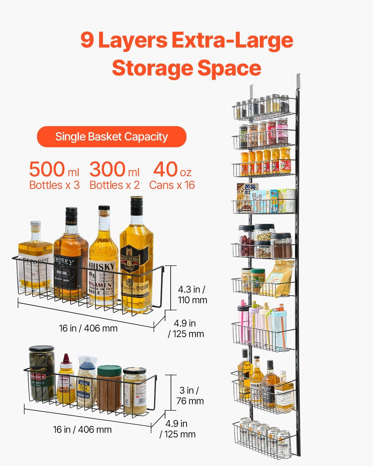 Over the Door Pantry Organizer, 9-Tier Pantry Organization and Storage, Heavy-Duty Steel Hanging Spice Rack, Adjustable Wall Seasoning Shelves, for Home Kitchen Laundry Room Bathroom, Black - Image 5