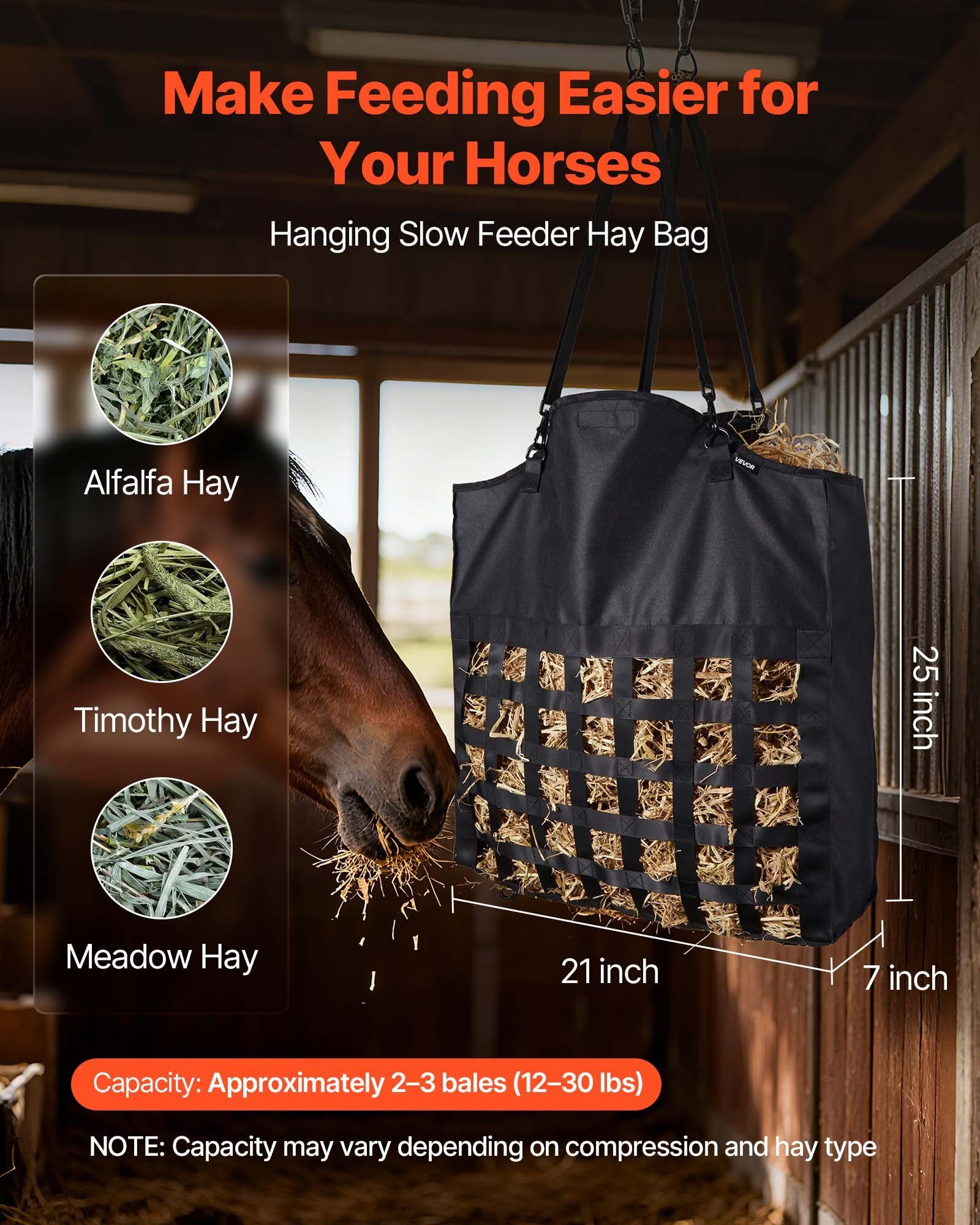 Hay Bag for Horses, 55 x 18.5 x 64 cm, 46 x 46 mm Holes, Premium Nylon Construction with PVC Waterproof Coating, Adjustable Hanging Straps and Metal Hooks, Slow Feed Hay Bag for Horses - Image 2