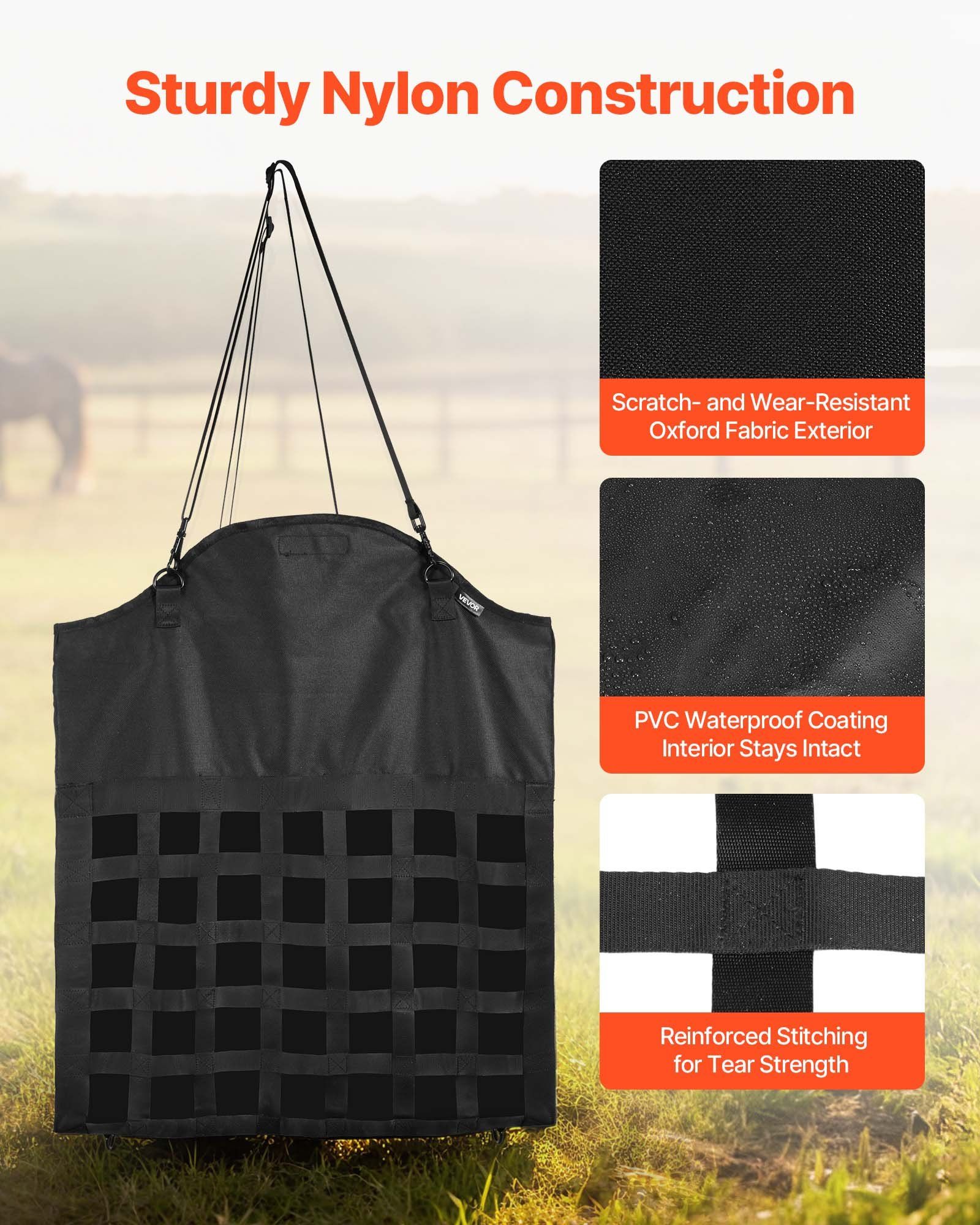 Hay Bag for Horses, 55 x 18.5 x 64 cm, 46 x 46 mm Holes, Premium Nylon Construction with PVC Waterproof Coating, Adjustable Hanging Straps and Metal Hooks, Slow Feed Hay Bag for Horses - Image 3