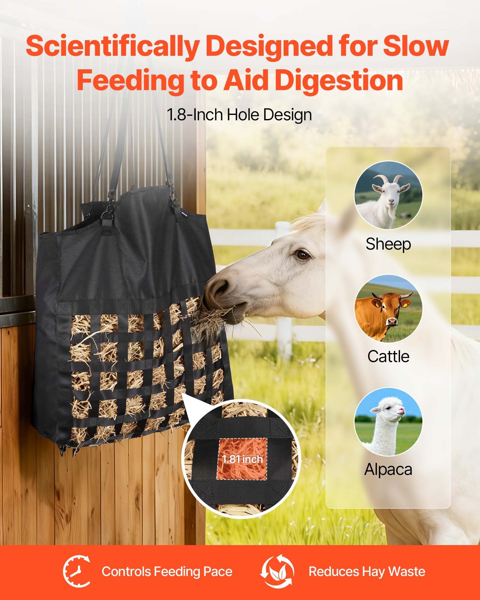 Hay Bag for Horses, 55 x 18.5 x 64 cm, 46 x 46 mm Holes, Premium Nylon Construction with PVC Waterproof Coating, Adjustable Hanging Straps and Metal Hooks, Slow Feed Hay Bag for Horses - Image 4