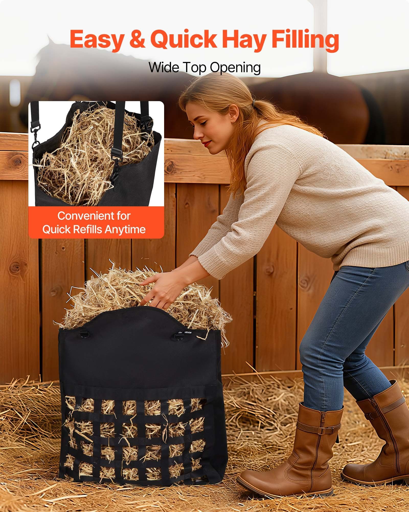 Hay Bag for Horses, 55 x 18.5 x 64 cm, 46 x 46 mm Holes, Premium Nylon Construction with PVC Waterproof Coating, Adjustable Hanging Straps and Metal Hooks, Slow Feed Hay Bag for Horses - Image 5