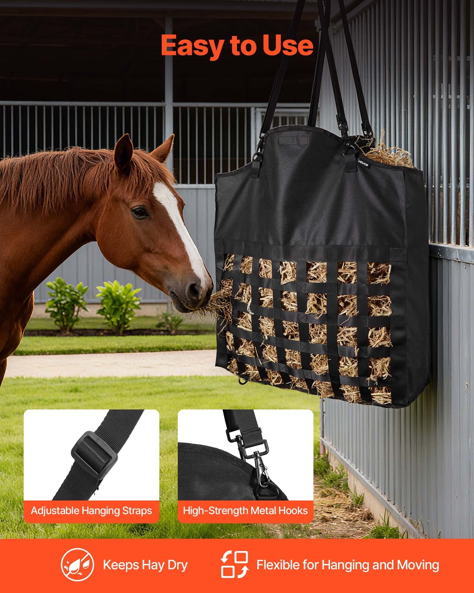 Hay Bag for Horses, 55 x 18.5 x 64 cm, 46 x 46 mm Holes, Premium Nylon Construction with PVC Waterproof Coating, Adjustable Hanging Straps and Metal Hooks, Slow Feed Hay Bag for Horses - Image 6