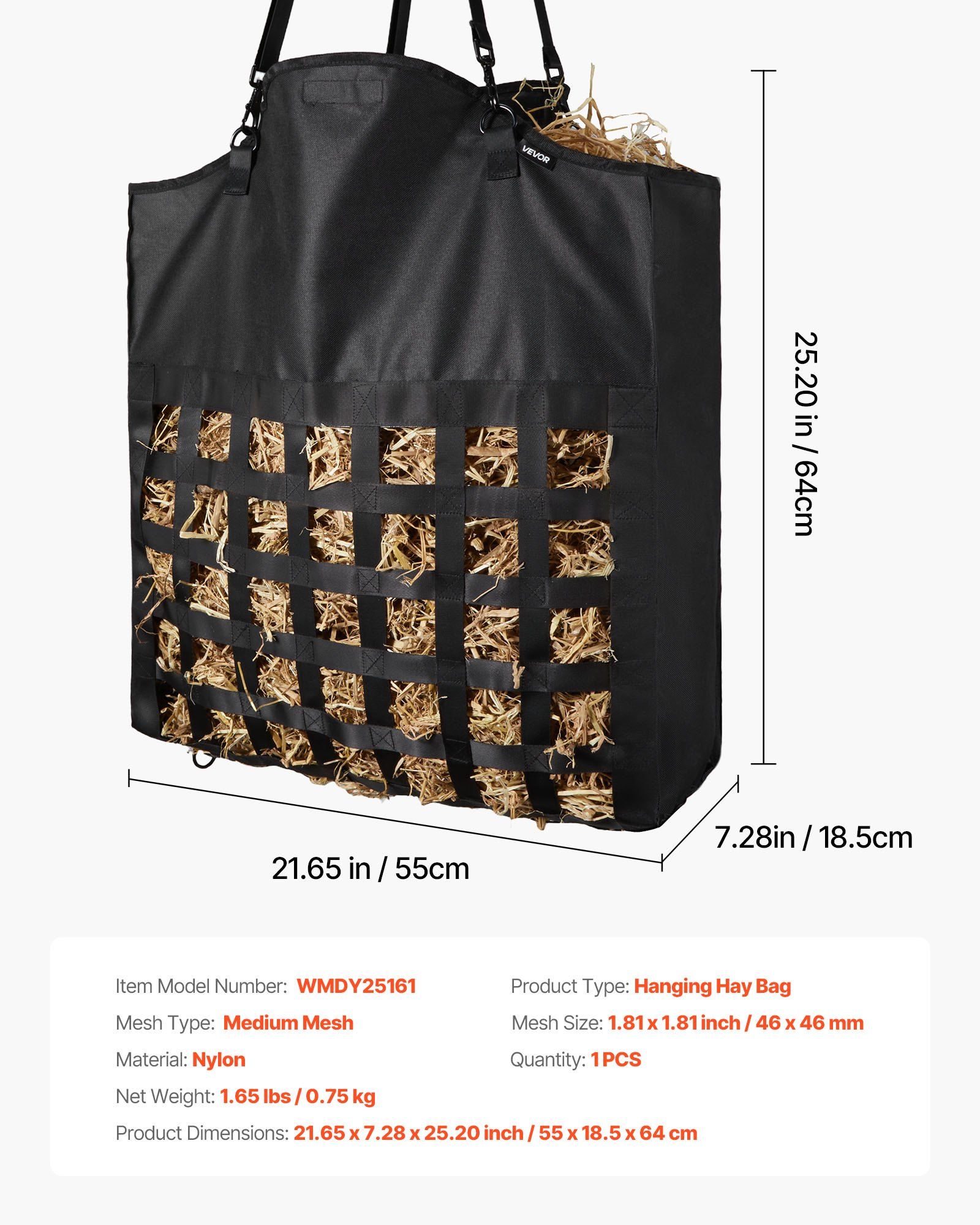 Hay Bag for Horses, 55 x 18.5 x 64 cm, 46 x 46 mm Holes, Premium Nylon Construction with PVC Waterproof Coating, Adjustable Hanging Straps and Metal Hooks, Slow Feed Hay Bag for Horses - Image 7