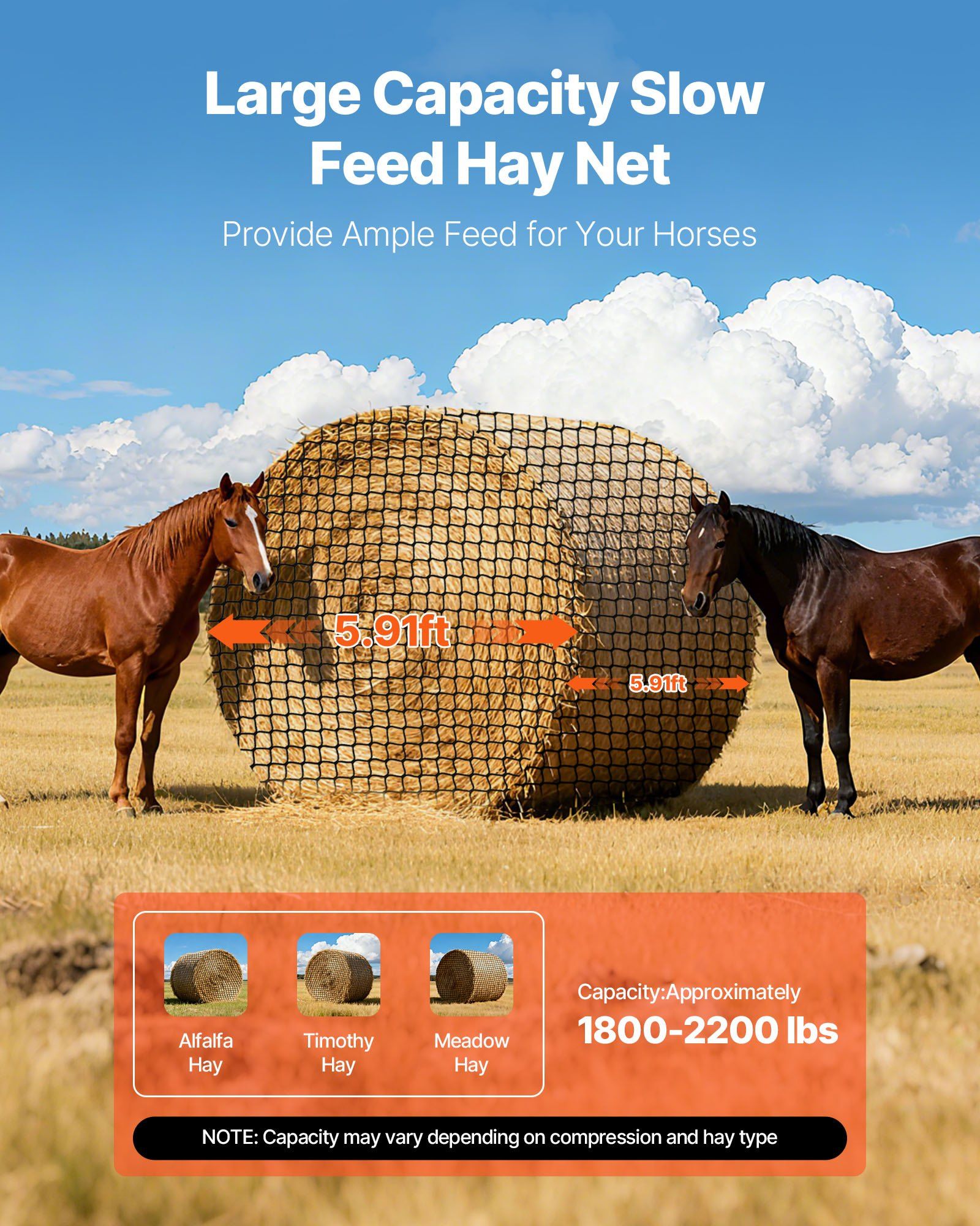 Round Bale Hay Net, 1.8 x 1.8 x 1.8 m, 38.1 x 38.1 mm Holes, PE Material, Knotless Design, with Zip Ties, Needle Shuttle, Repair Twine and Storage Bag, Slow Feeder Round Bale Net for Horses - Image 2