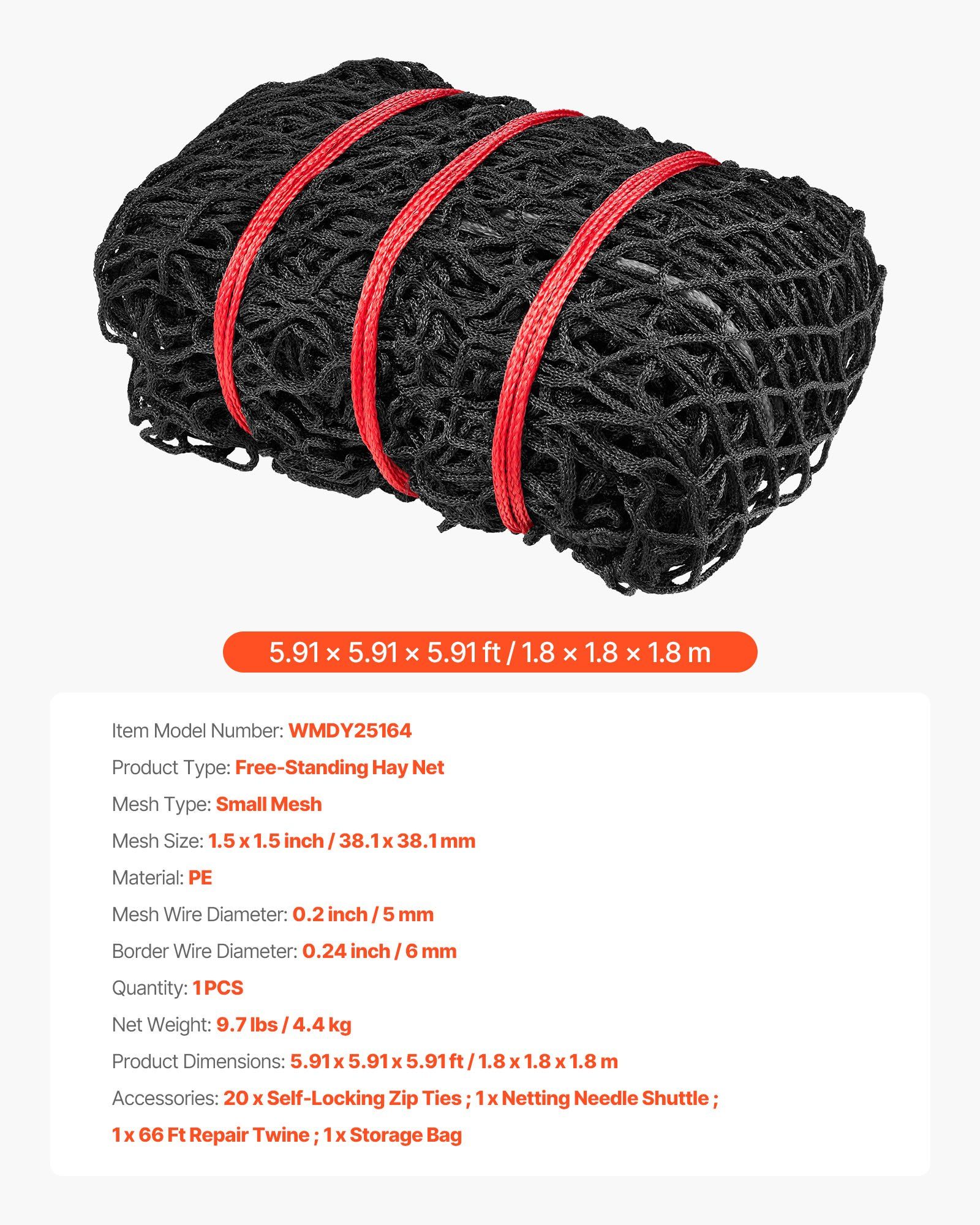 Round Bale Hay Net, 1.8 x 1.8 x 1.8 m, 38.1 x 38.1 mm Holes, PE Material, Knotless Design, with Zip Ties, Needle Shuttle, Repair Twine and Storage Bag, Slow Feeder Round Bale Net for Horses - Image 7