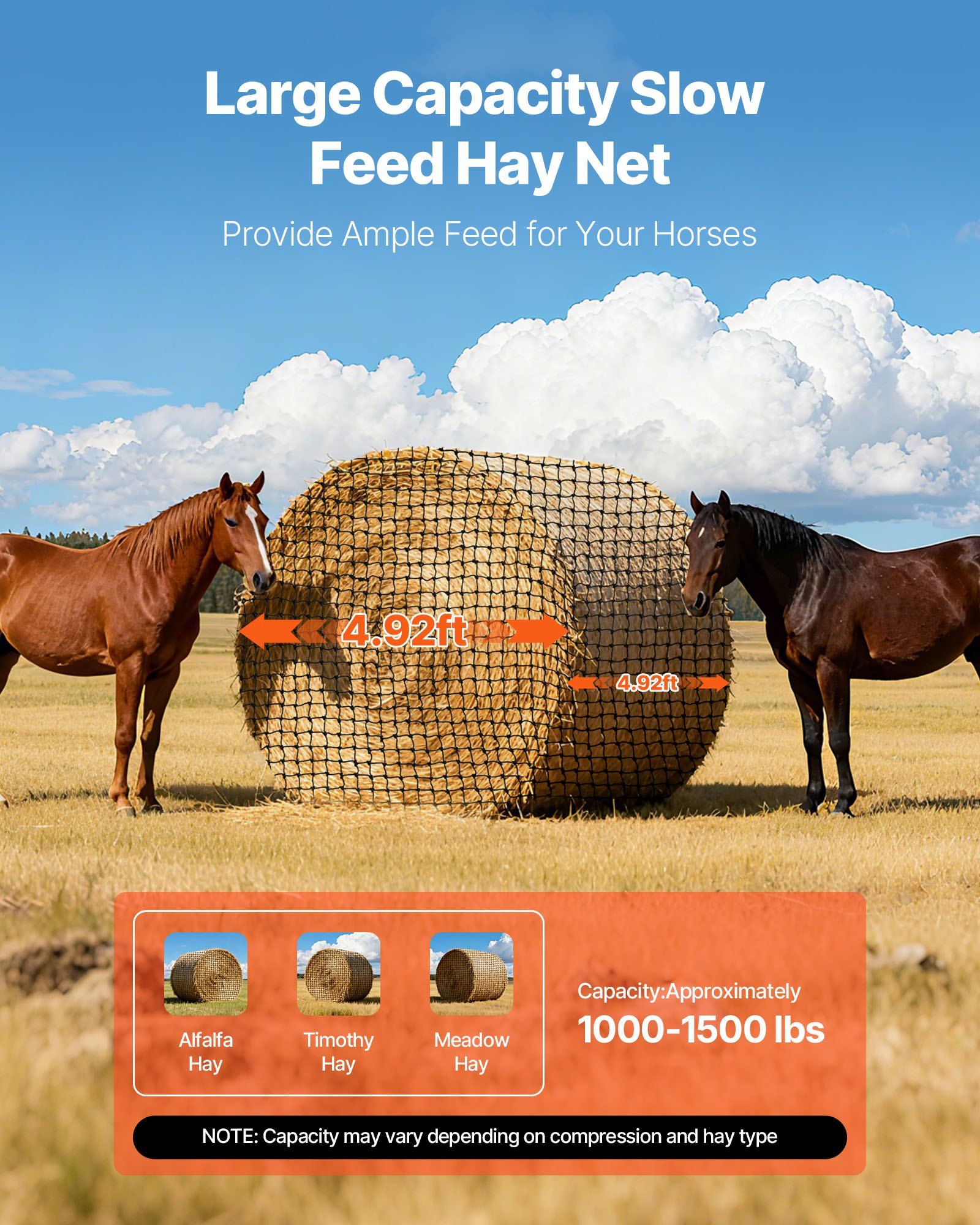 Round Bale Hay Net, 1.5 x 1.5 x 1.5 m, 44.45 x 44.45 mm Holes, PE Material, Reinforced Knotted Design, with Zip Ties, Needle Shuttle, and Repair Twine, Slow Feeder Round Bale Net for Horses - Image 2