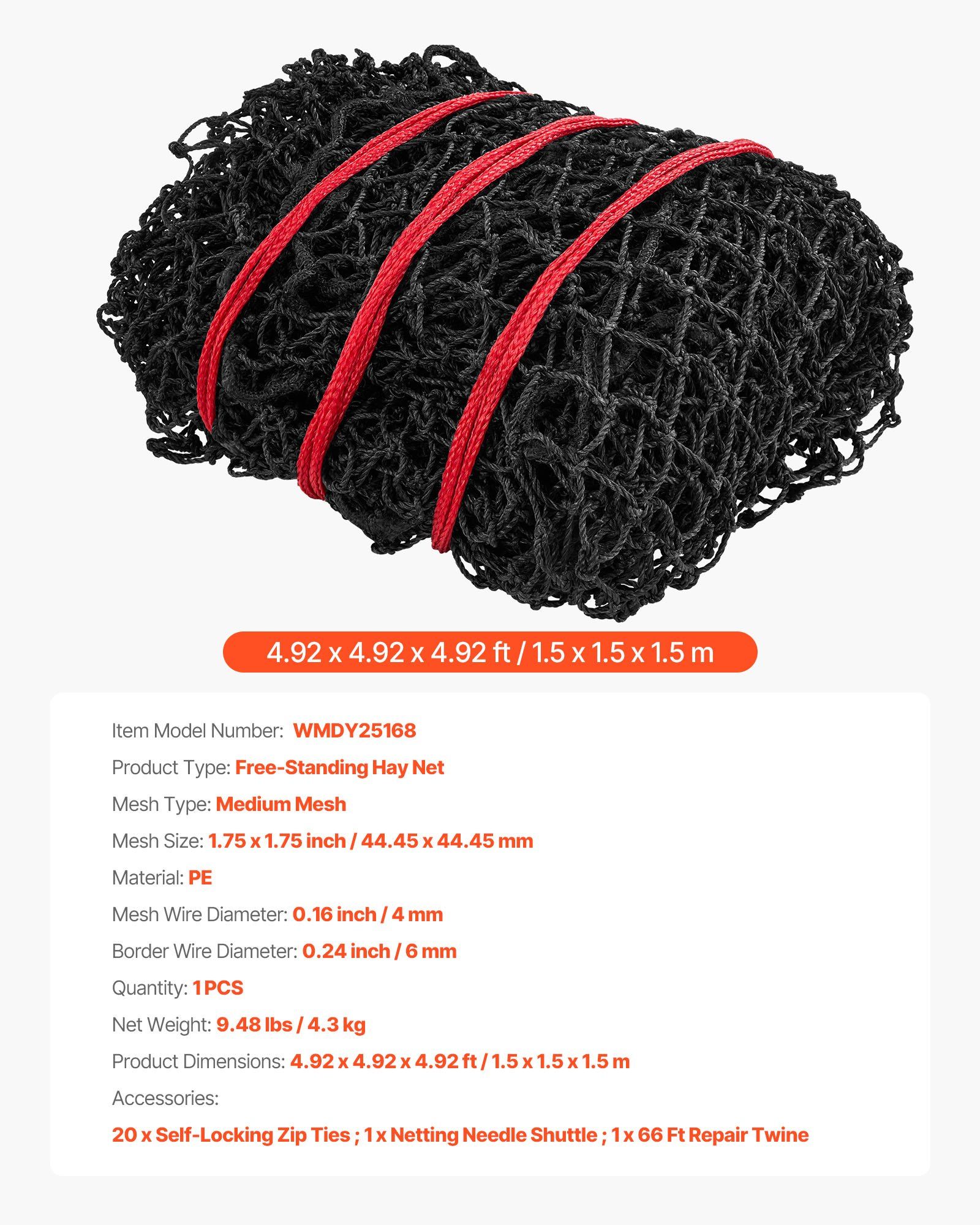 Round Bale Hay Net, 1.5 x 1.5 x 1.5 m, 44.45 x 44.45 mm Holes, PE Material, Reinforced Knotted Design, with Zip Ties, Needle Shuttle, and Repair Twine, Slow Feeder Round Bale Net for Horses - Image 7