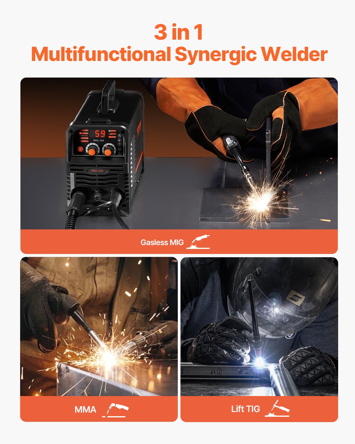 MIG Welder, 130Amp Synergic Mig Welding Machine, 3-in-1 Flux Core MIG/Stick/Lift TIG Multi-Process Welder Machine, Portable Mig Welder with IGBT Inverter Technology & Digital Display Screen - Image 2
