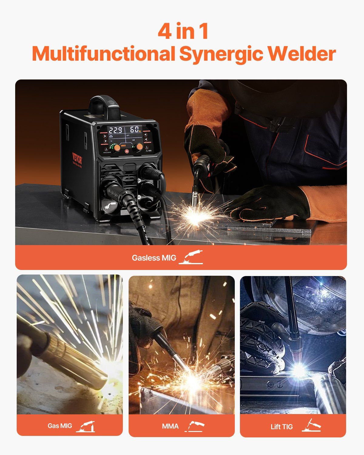 MIG Welder, 200A Synergic Mig Welding Machine, 4-in-1 Gas MIG/Flux Core MIG/Stick/Lift TIG Multi-Process Welder Machine with IGBT Inverter Technology and LCD Screen Display - Image 2
