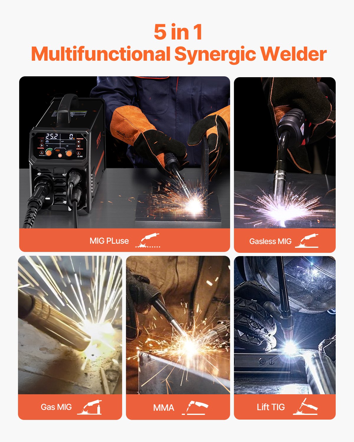 Pro MIG Welder, 200Amp Pluse Mig Welding Machine, 5-in-1 Synergic Welder Machine MIG Pluse/Gas MIG/Flux Core MIG/Stick/Lift TIG with IGBT Inverter Technology and LCD Screen Display - Image 2