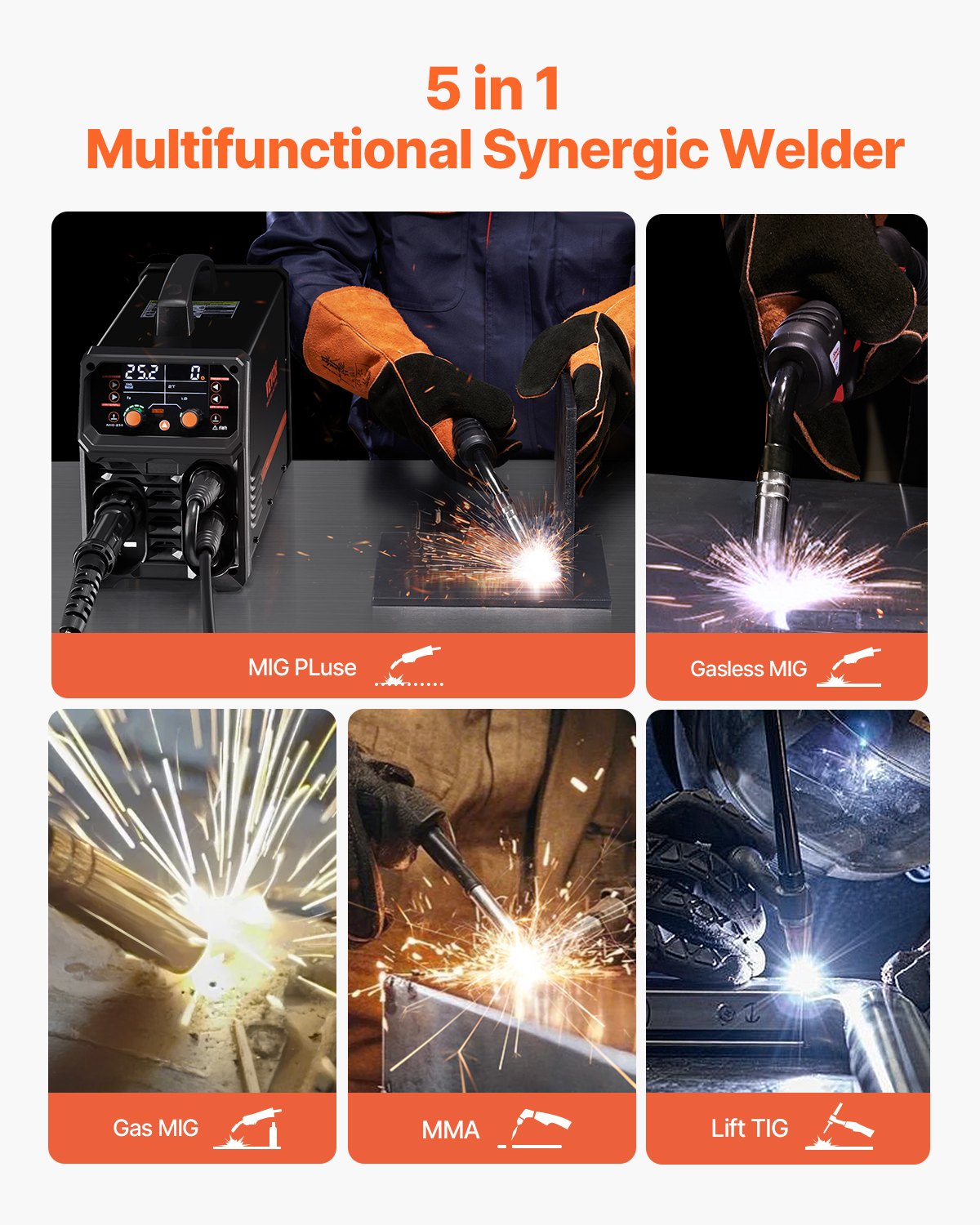 Pro MIG Welder, 250Amp Pluse Mig Welding Machine, 5-in-1 Synergic Welder Machine MIG Pluse/Gas MIG/Flux Core MIG/Stick/Lift TIG with IGBT Inverter Technology and LCD Screen Display - Image 2