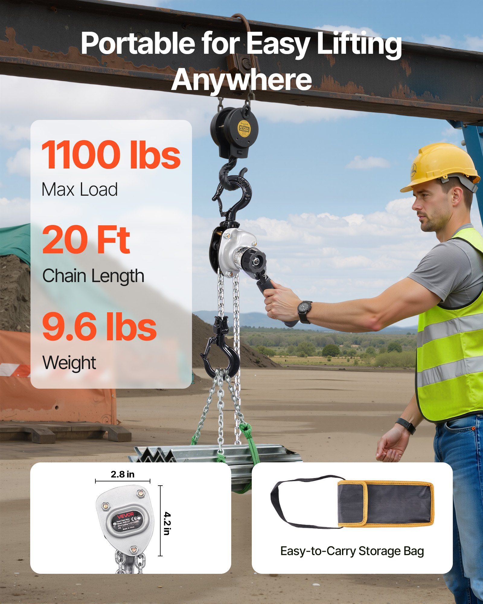 Manual Lever Chain Hoist, 1/2T 500KG Capacity Heavy Duty Come Along, 6M Lift G80 Alloy Steel Chain With Dual Pawl Mechanical Brake, 360° Rotating Hooks, for Warehouse Construction Garage - Image 2