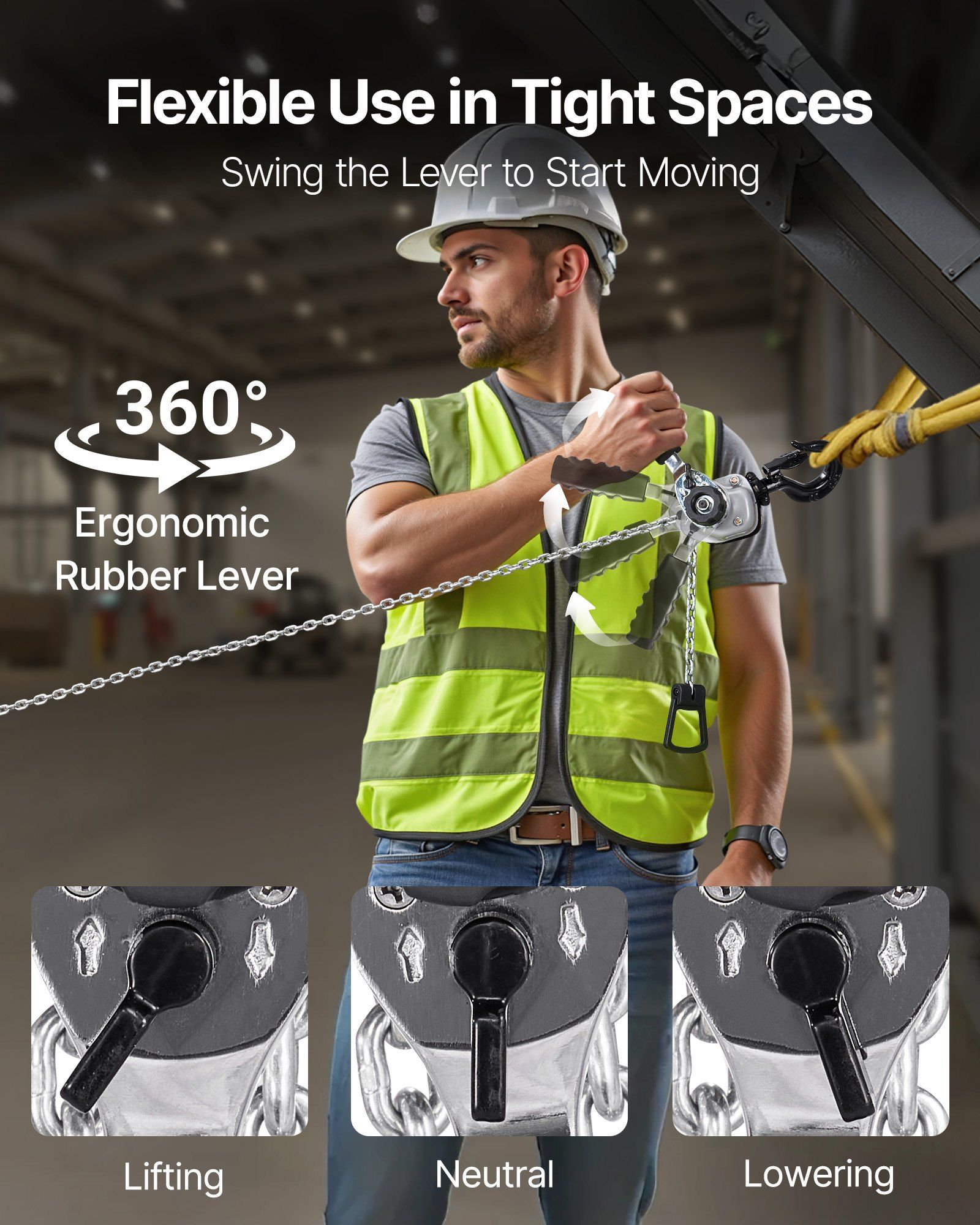 Manual Lever Chain Hoist, 1/2T 500KG Capacity Heavy Duty Come Along, 6M Lift G80 Alloy Steel Chain With Dual Pawl Mechanical Brake, 360° Rotating Hooks, for Warehouse Construction Garage - Image 6