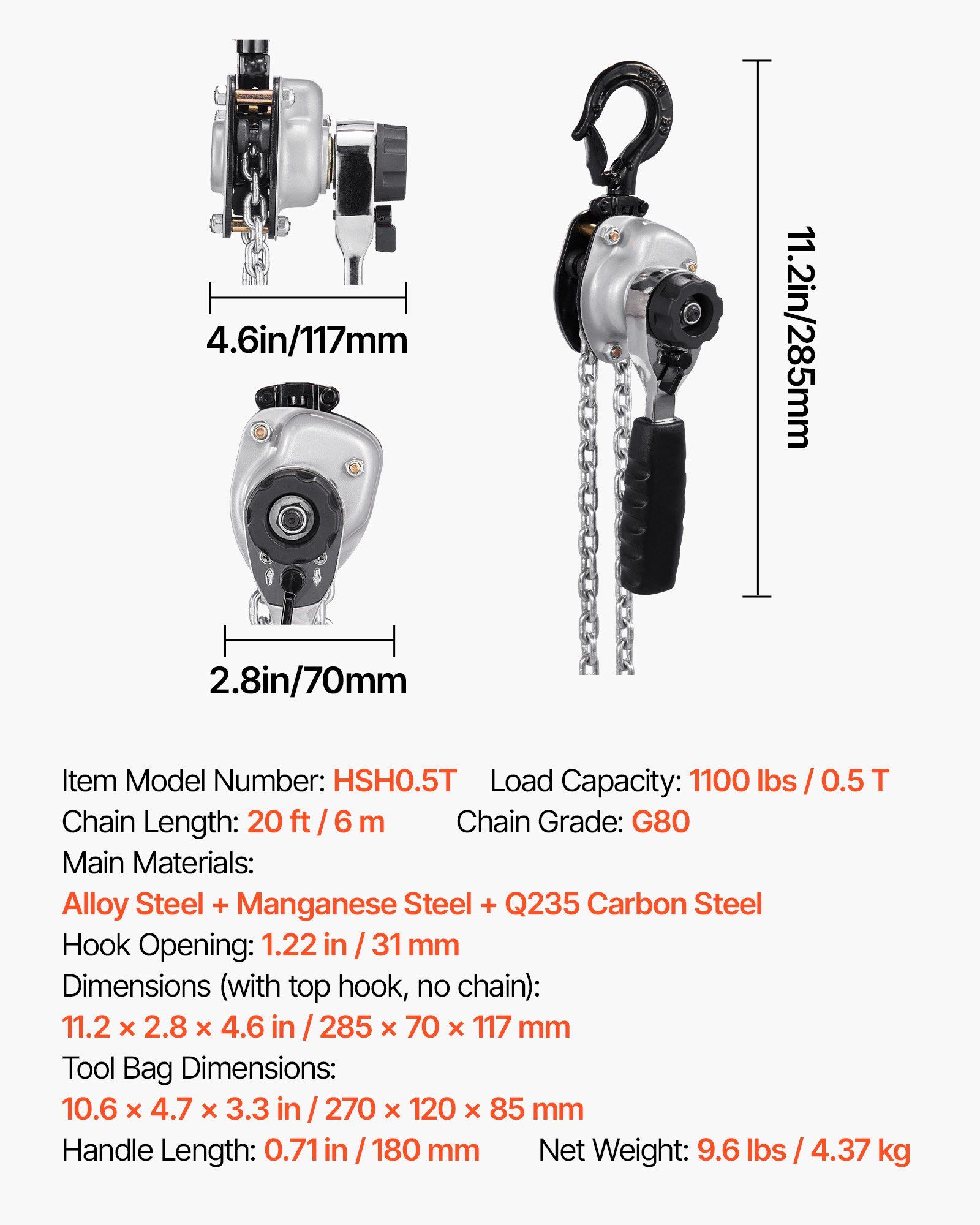 Manual Lever Chain Hoist, 1/2T 500KG Capacity Heavy Duty Come Along, 6M Lift G80 Alloy Steel Chain With Dual Pawl Mechanical Brake, 360° Rotating Hooks, for Warehouse Construction Garage - Image 7