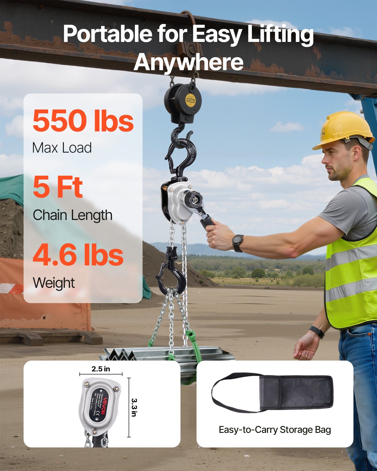 Manual Lever Chain Hoist, 1/4T 250KG Capacity Heavy Duty Come Along, 1.5M Lift G80 Alloy Steel Chain With Dual Pawl Mechanical Brake, 360° Rotating Hooks, for Warehouse Construction Garage - Image 2