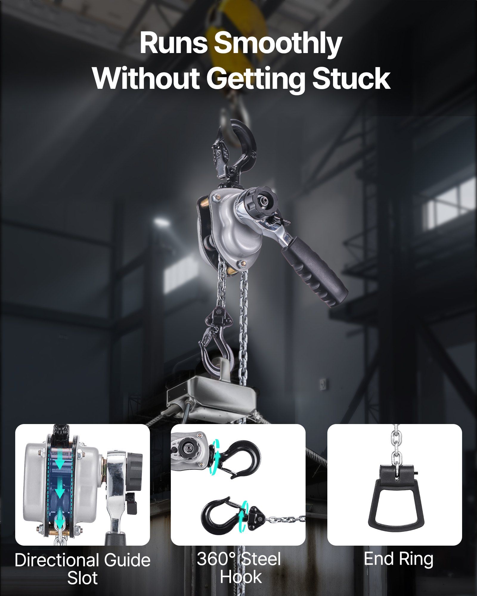 Manual Lever Chain Hoist, 1/4T 250KG Capacity Heavy Duty Come Along, 1.5M Lift G80 Alloy Steel Chain With Dual Pawl Mechanical Brake, 360° Rotating Hooks, for Warehouse Construction Garage - Image 5