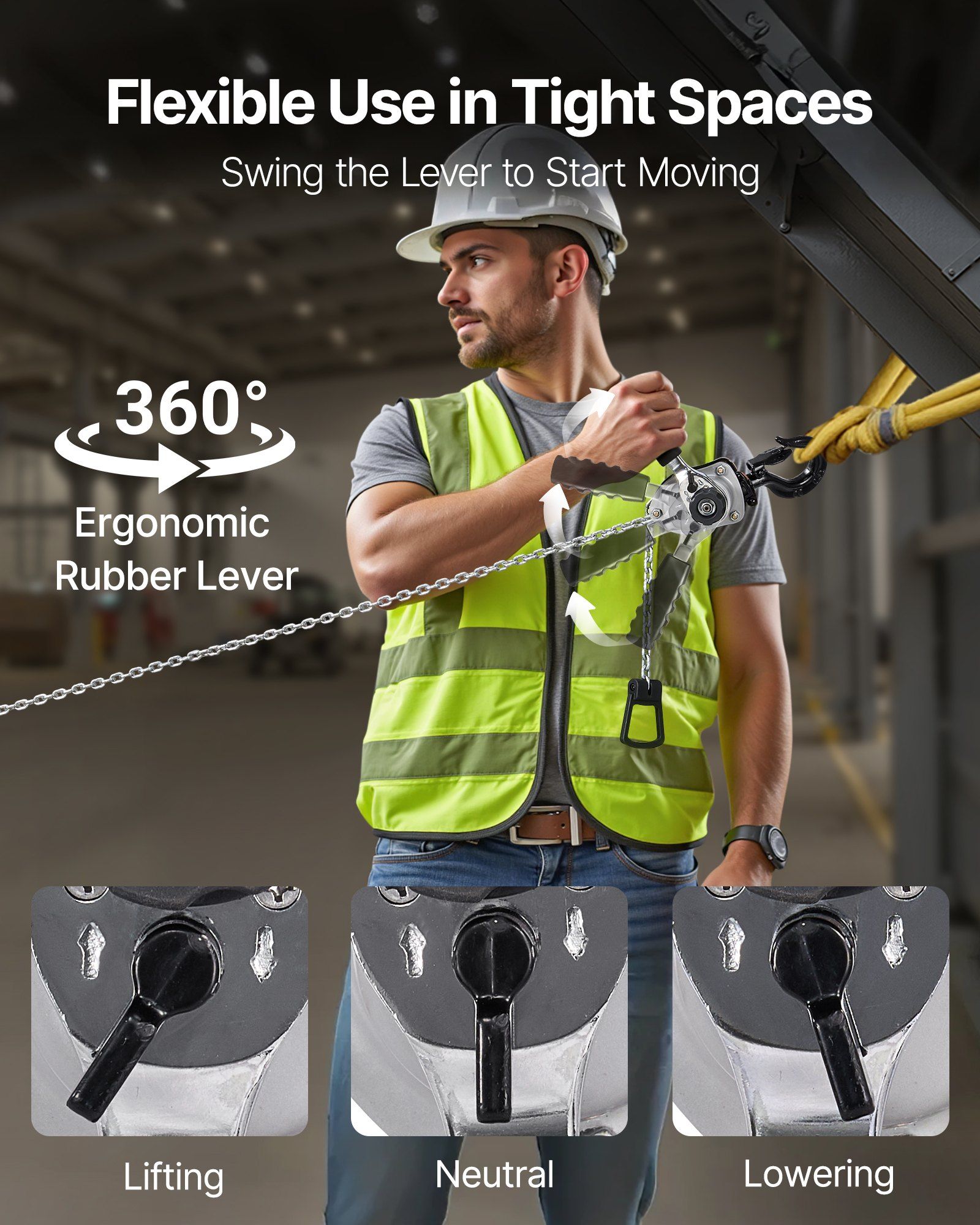 Manual Lever Chain Hoist, 1/4T 250KG Capacity Heavy Duty Come Along, 1.5M Lift G80 Alloy Steel Chain With Dual Pawl Mechanical Brake, 360° Rotating Hooks, for Warehouse Construction Garage - Image 6