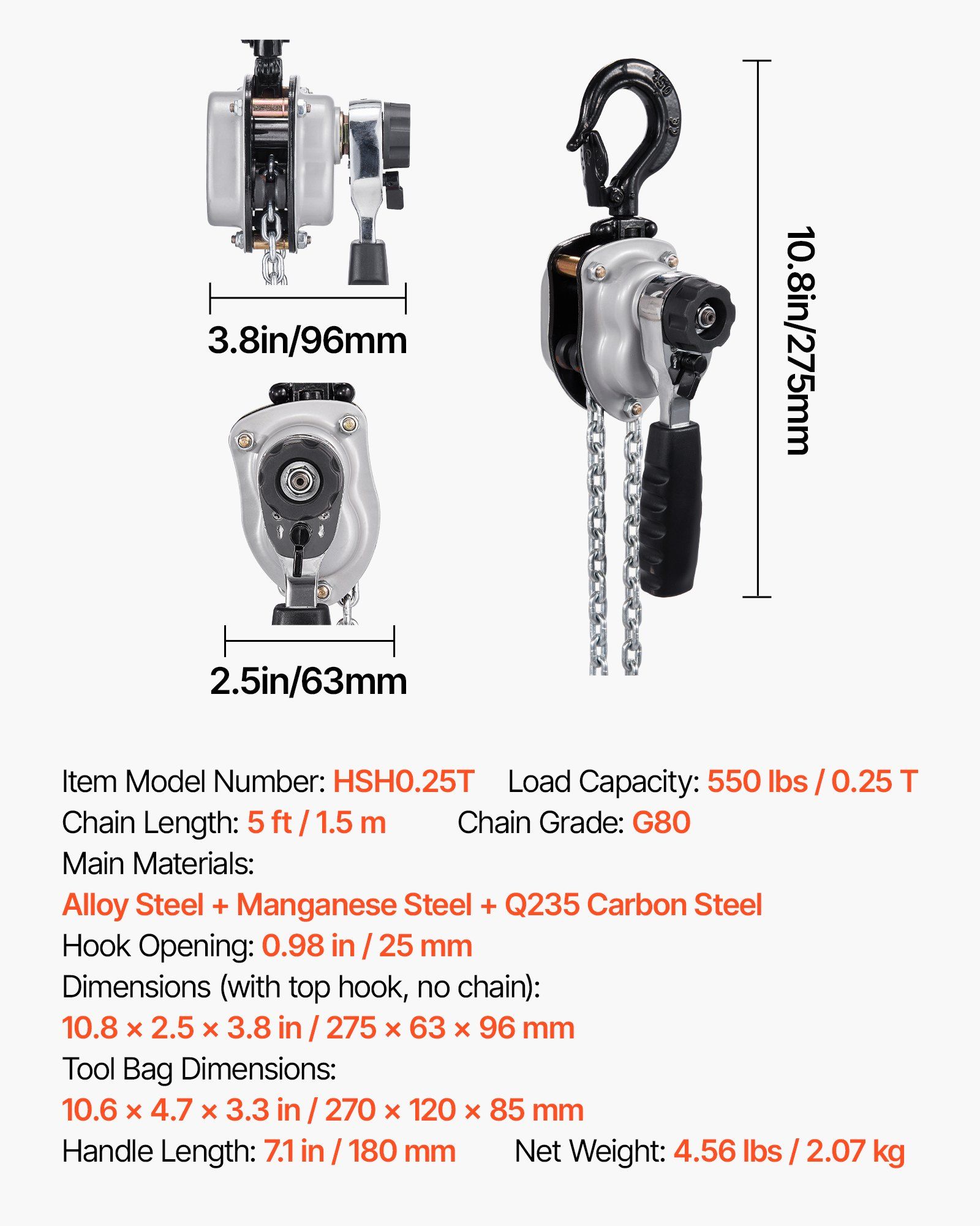 Manual Lever Chain Hoist, 1/4T 250KG Capacity Heavy Duty Come Along, 1.5M Lift G80 Alloy Steel Chain With Dual Pawl Mechanical Brake, 360° Rotating Hooks, for Warehouse Construction Garage - Image 7
