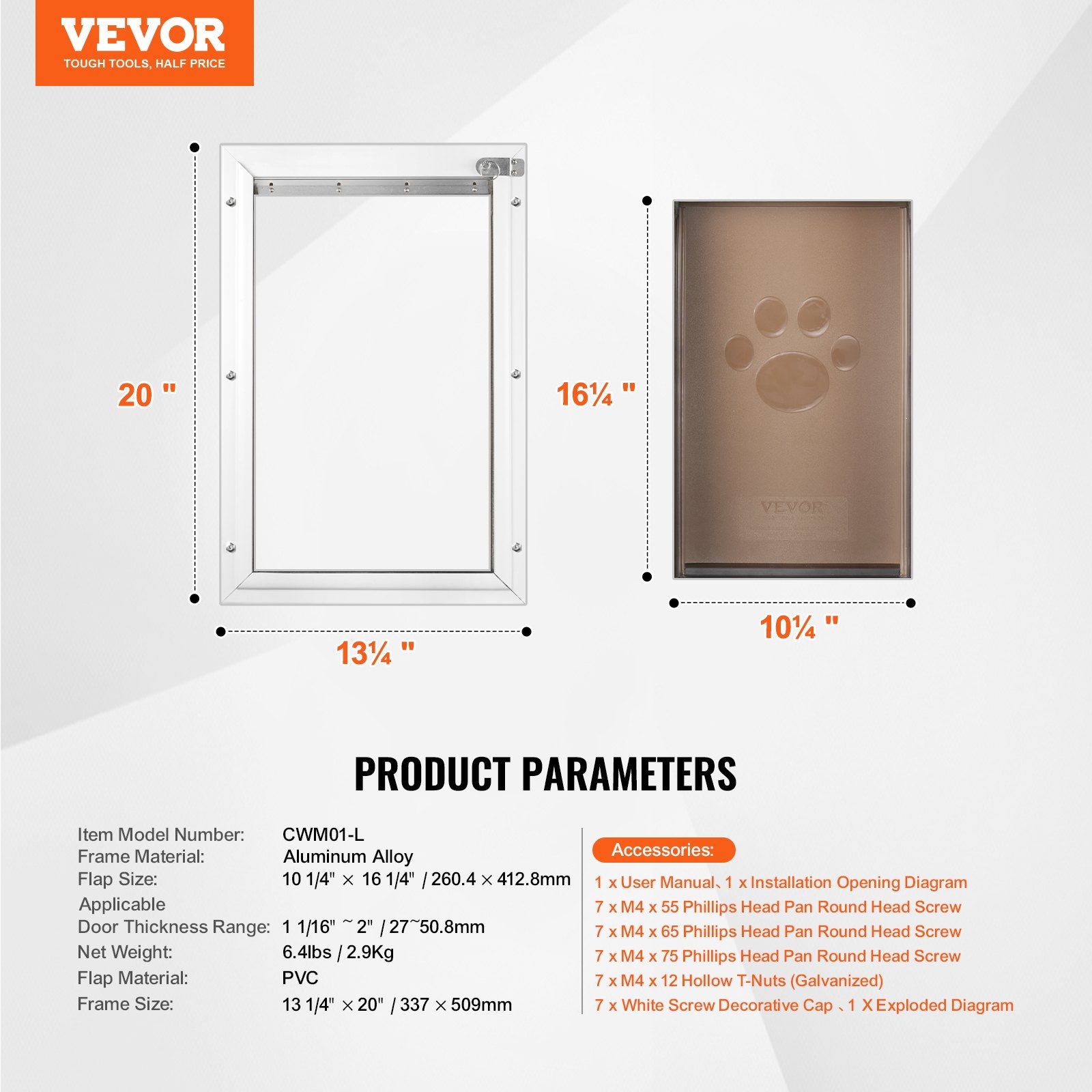 Pet Door, 33.7 x 50.9 cm Aluminum Frame with Lock and Flap System, Weatherproof Doggy Door, Easy to Install in Interior or Exterior Doors, Pet Door Suitable for Cat Doggie Kitties (White-L) - Image 7