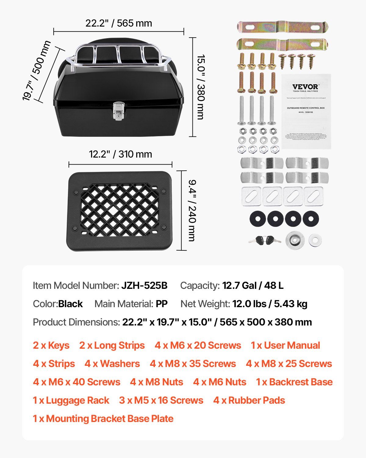 Motorcycle Top Case, Universal Durable PP Material Motorbike Tail Box with Reflective Panel, 48L Waterproof Detachable Motorcycle Top Box with Multi-Hole Base, Fit for 99% of Motorcycle Frames - Image 7