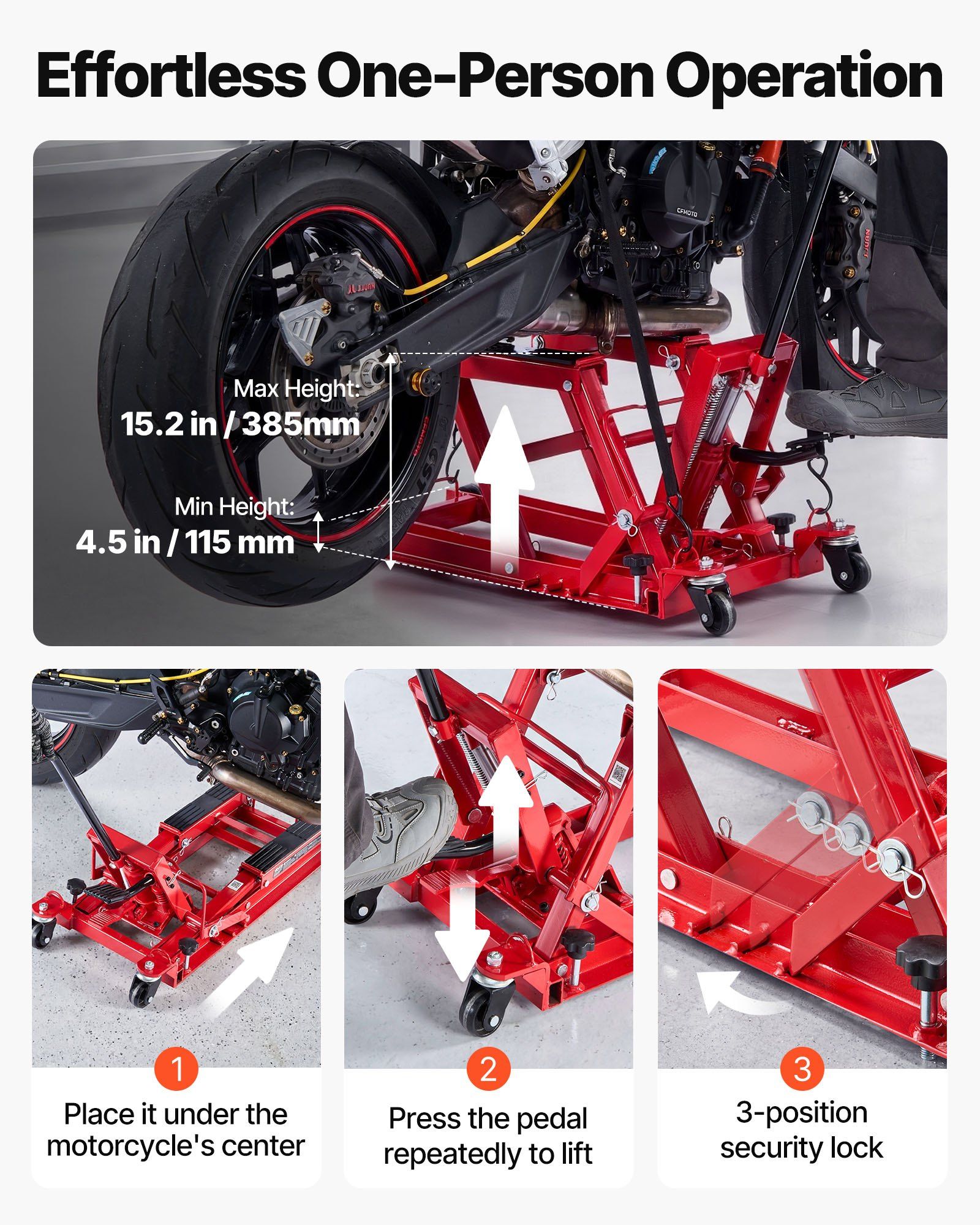 Hydraulic Motorcycle Lift Jack, 680 kg Capacity, ATV Lift Jack Portable Motorcycle Hoist Stand with 4 Wheels, 115-385 mm Height Range, Hydraulic Foot-Operated Hoist Stand for ATVs, Dirt Bikes - Image 3