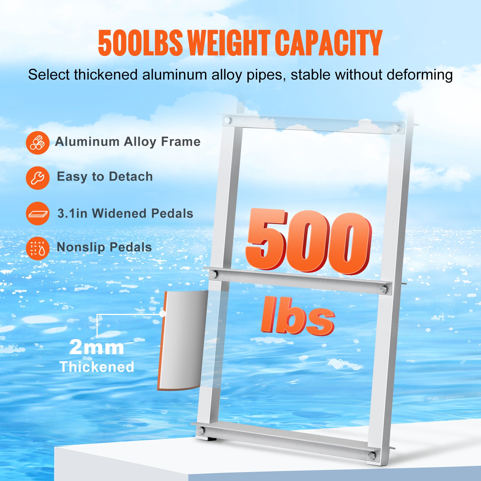 Dock Ladder, Removable 4 Steps, 500 lbs Load Capacity, Aluminum Alloy Pontoon Boat Ladder with 3.1'' Wide Step & Nonslip Rubber Mat, Easy to Install for Ship/Lake/Pool/Marine Boarding - Image 3