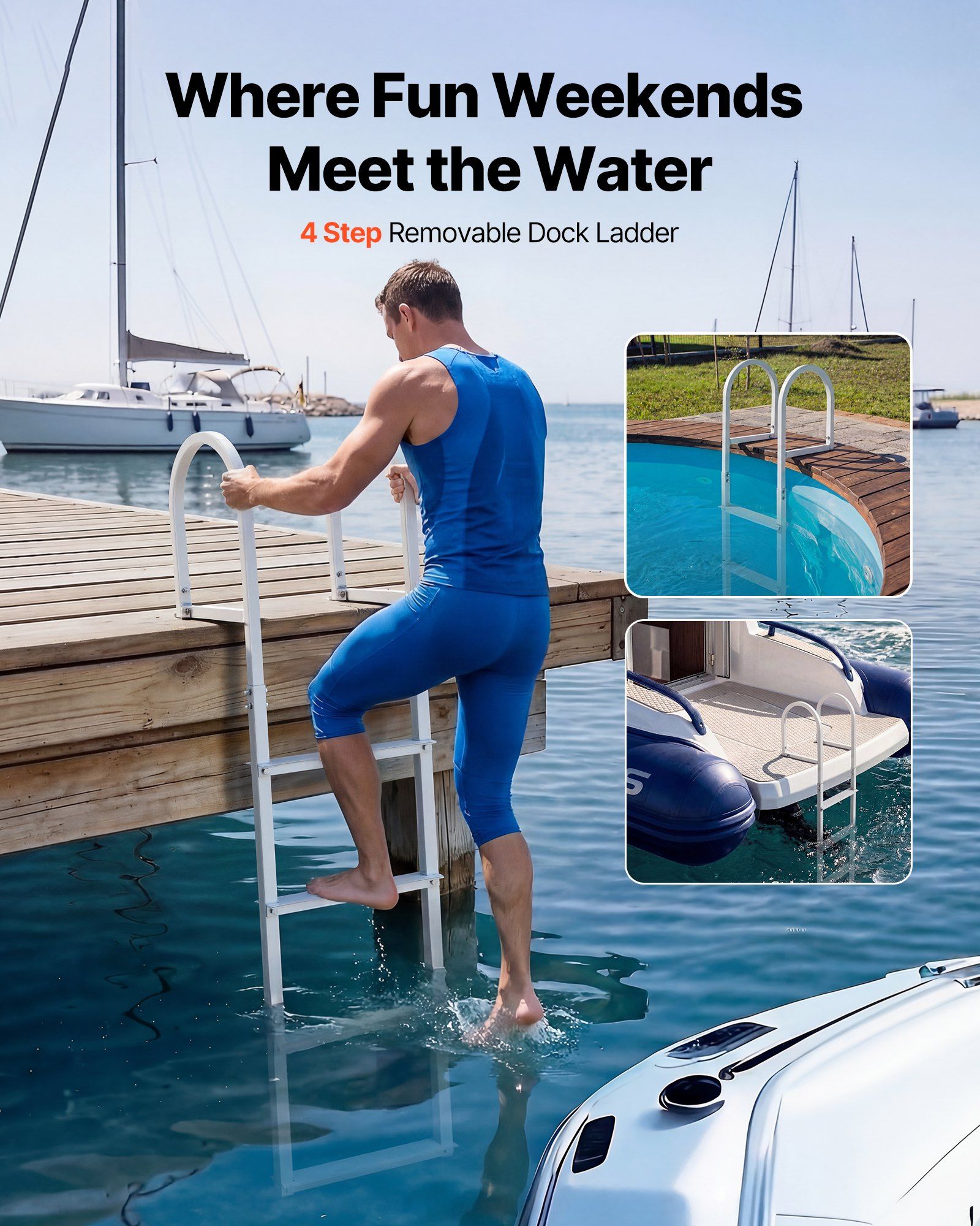 Removable Dock Ladder, 4 Steps, Aluminum Alloy Pontoon Boat Swim Ladder, with Non-Slip Wide Steps, 227 kg Weight Capacity, Quick Release Design, for Lake Swimming, Pool, Boat, Marine Boarding - Image 2