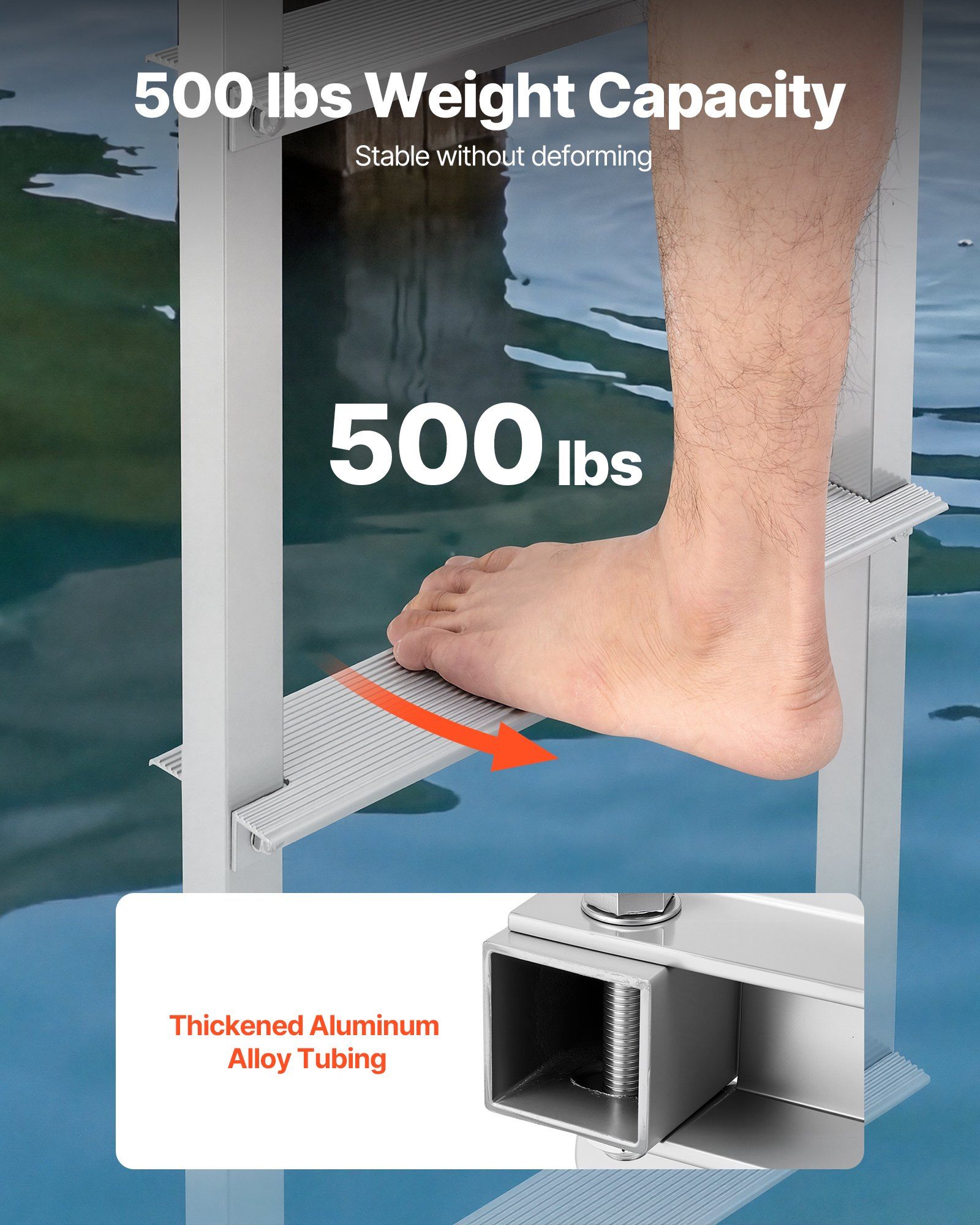 Removable Dock Ladder, 4 Steps, Aluminum Alloy Pontoon Boat Swim Ladder, with Non-Slip Wide Steps, 227 kg Weight Capacity, Quick Release Design, for Lake Swimming, Pool, Boat, Marine Boarding - Image 3