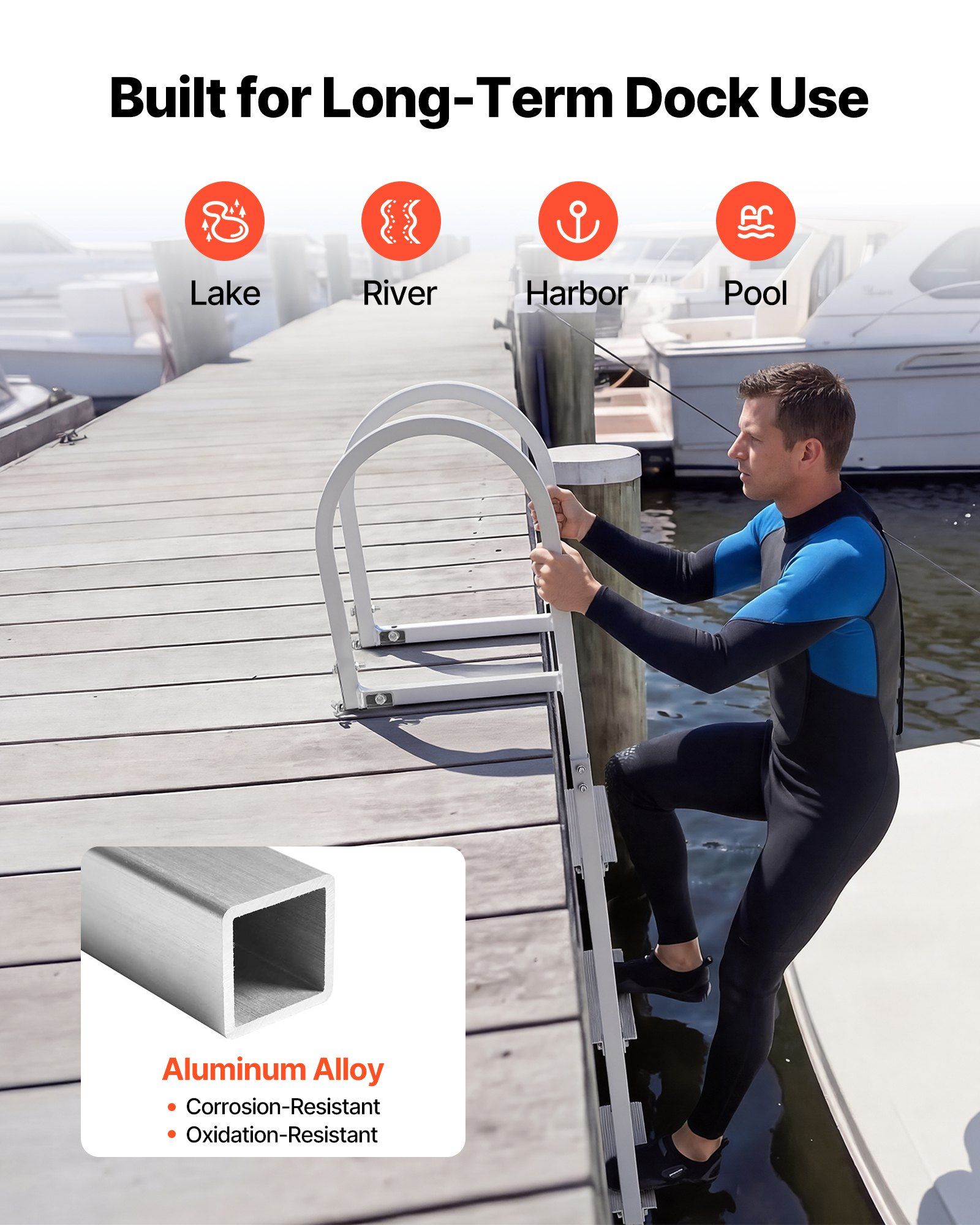 Removable Dock Ladder, 4 Steps, Aluminum Alloy Pontoon Boat Swim Ladder, with Non-Slip Wide Steps, 227 kg Weight Capacity, Quick Release Design, for Lake Swimming, Pool, Boat, Marine Boarding - Image 5