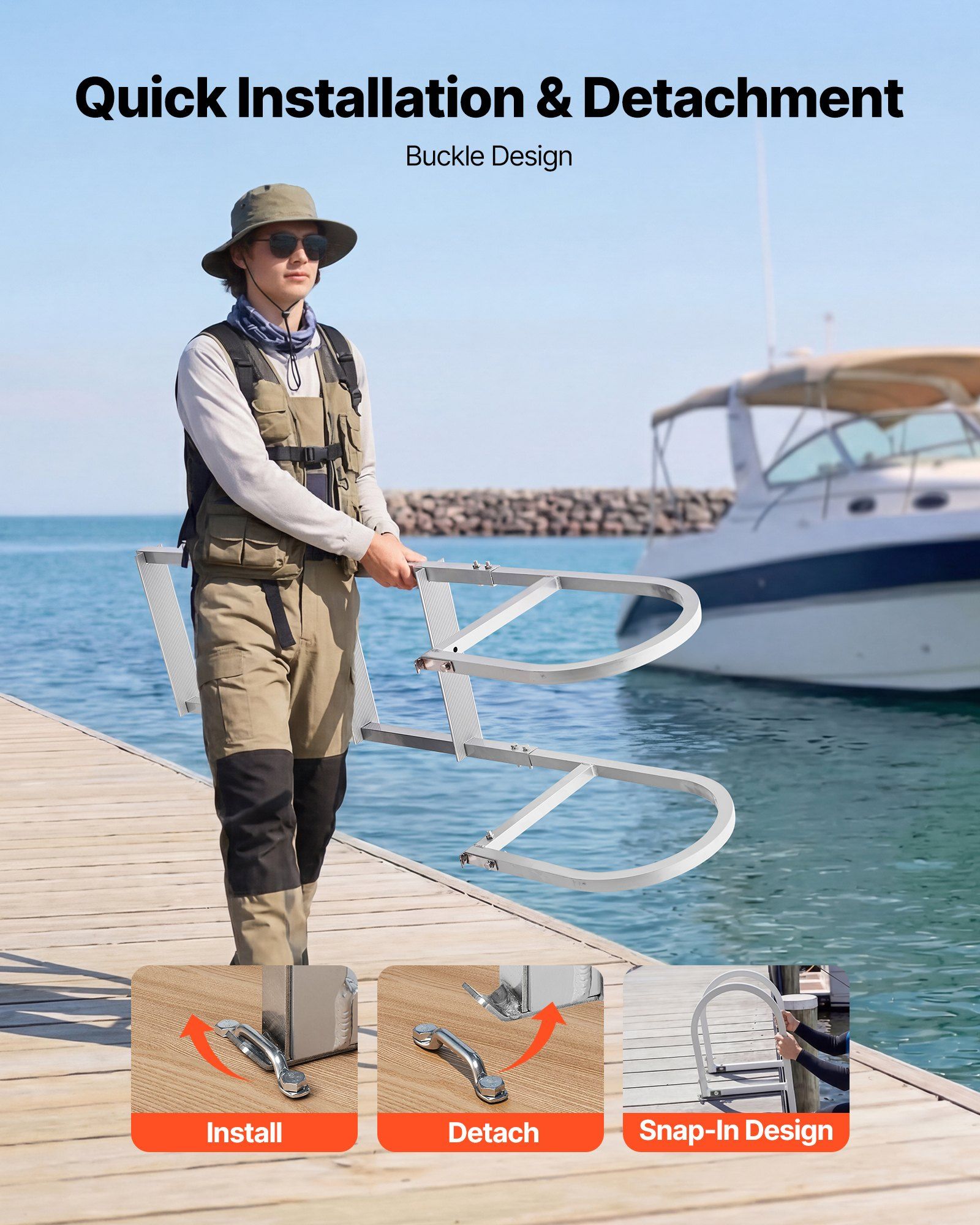 Removable Dock Ladder, 4 Steps, Aluminum Alloy Pontoon Boat Swim Ladder, with Non-Slip Wide Steps, 227 kg Weight Capacity, Quick Release Design, for Lake Swimming, Pool, Boat, Marine Boarding - Image 6