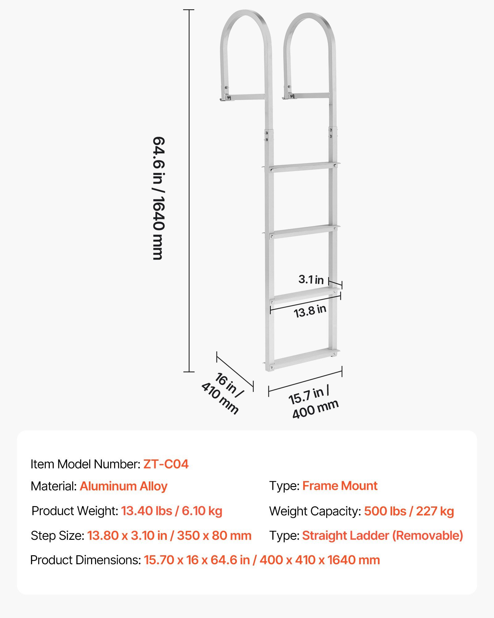 Removable Dock Ladder, 4 Steps, Aluminum Alloy Pontoon Boat Swim Ladder, with Non-Slip Wide Steps, 227 kg Weight Capacity, Quick Release Design, for Lake Swimming, Pool, Boat, Marine Boarding - Image 7