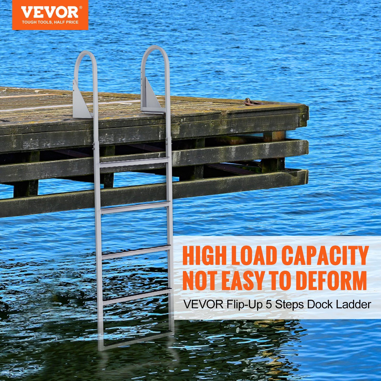 Dock Ladder, Flip-Up 5 Steps, 350 lbs Load Capacity, Aluminum Alloy Pontoon Boat Ladder with 2'' Wide Step & Nonslip Rubber Mat, Easy to Install for Ship/Lake/Pool/Marine Boarding - Image 2