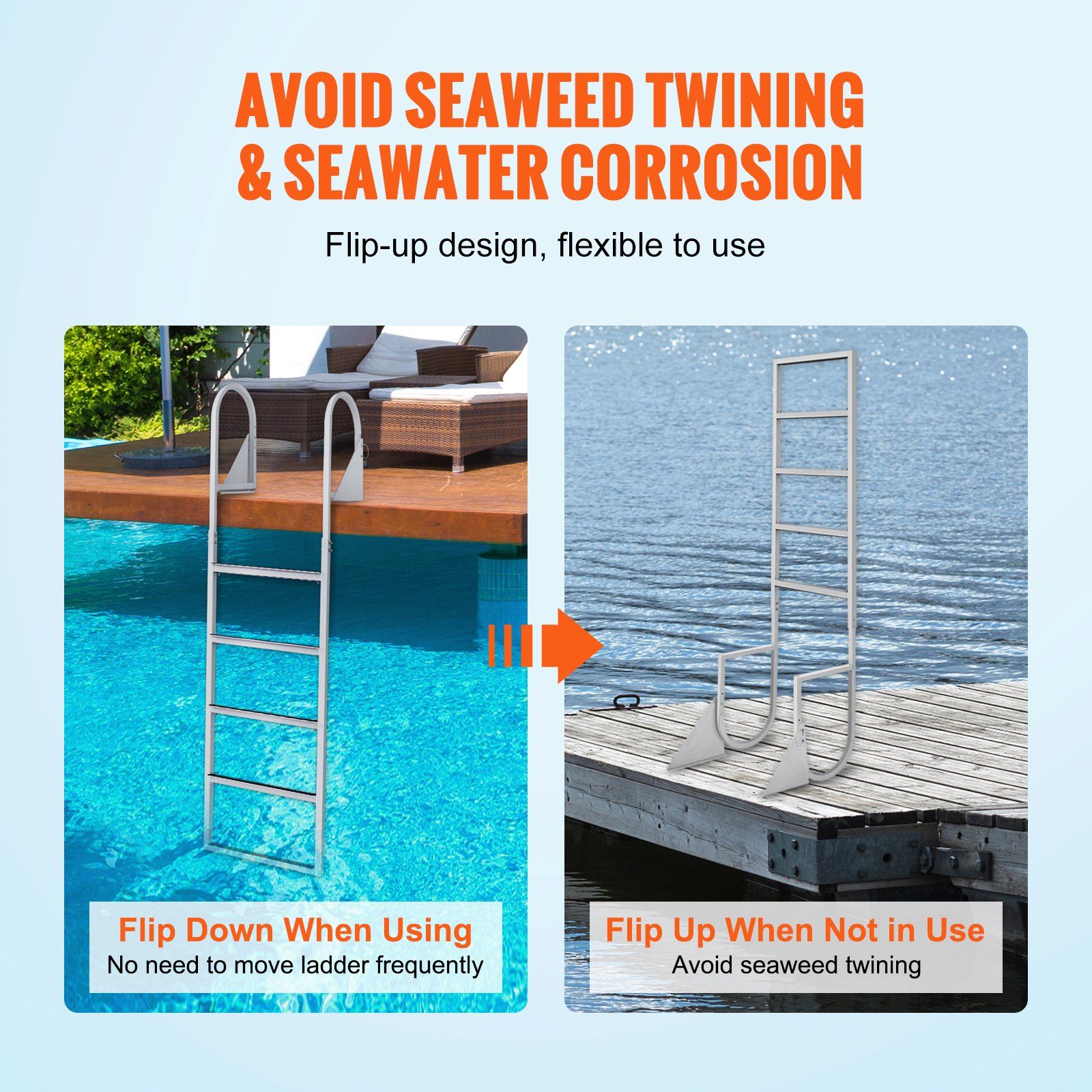 Dock Ladder, Flip-Up 5 Steps, 350 lbs Load Capacity, Aluminum Alloy Pontoon Boat Ladder with 2'' Wide Step & Nonslip Rubber Mat, Easy to Install for Ship/Lake/Pool/Marine Boarding - Image 3
